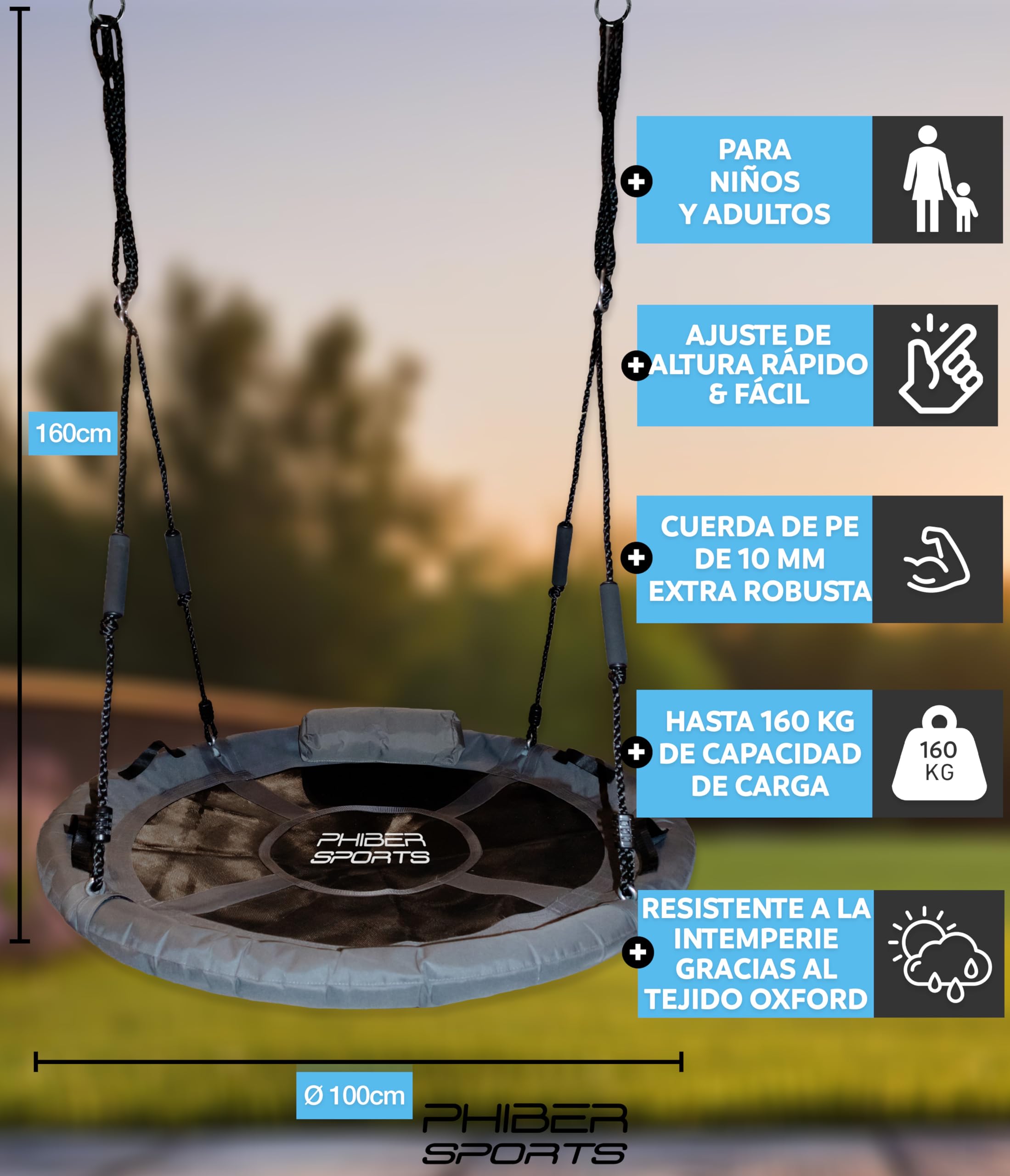 PHIBER-SPORTS Columpio nido para exteriores para niños, diámetro de 100 cm, con cojín, asas de sujeción y altura ajustable, resistente a la intemperie y duradero, columpio de red, nido, columpio