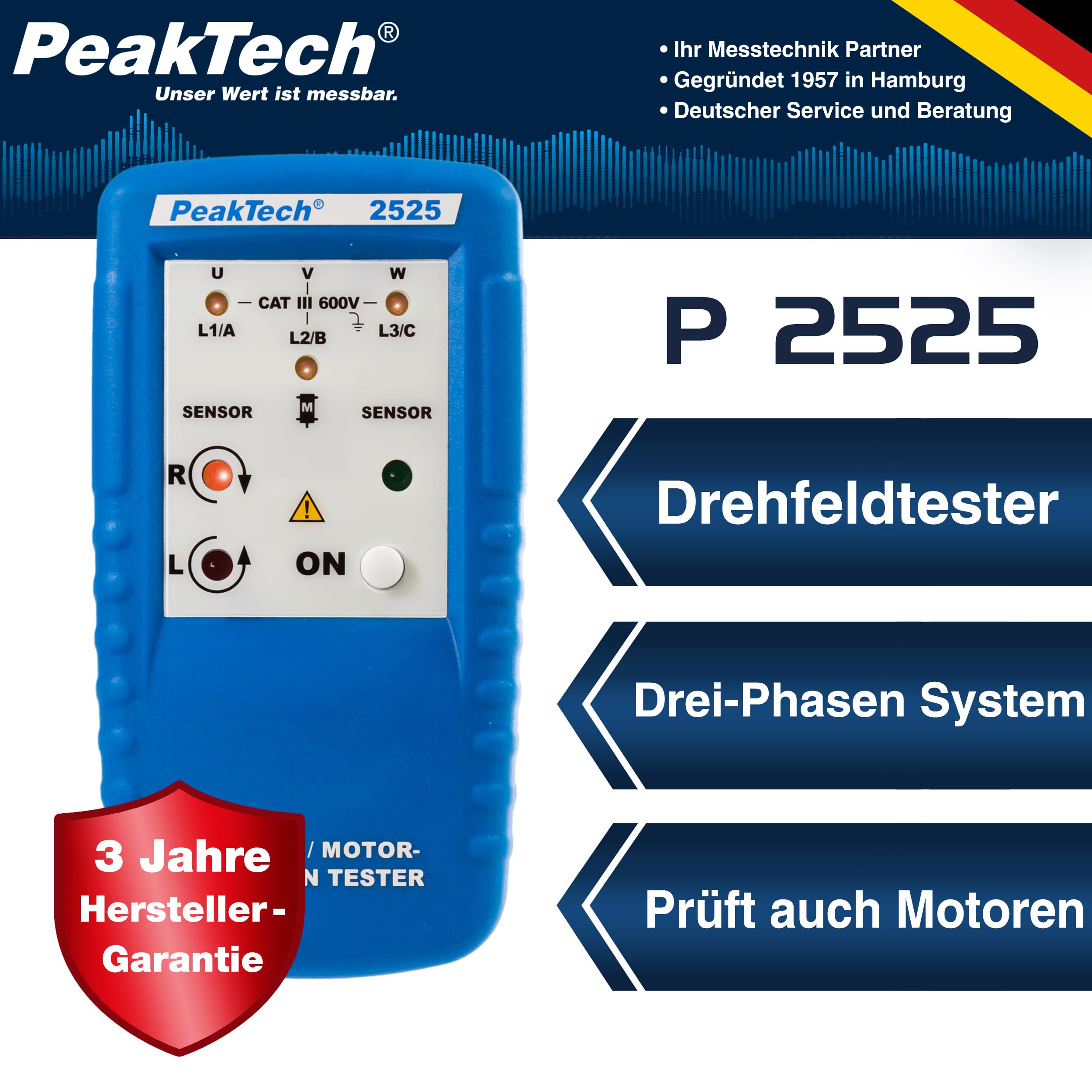 PeakTech 2525 Indicateur de champ tournant 3 phases, indicateur de sens de rotation/Indicateur numérique de champ tournant pour moteur à courant fort et testeur de phase