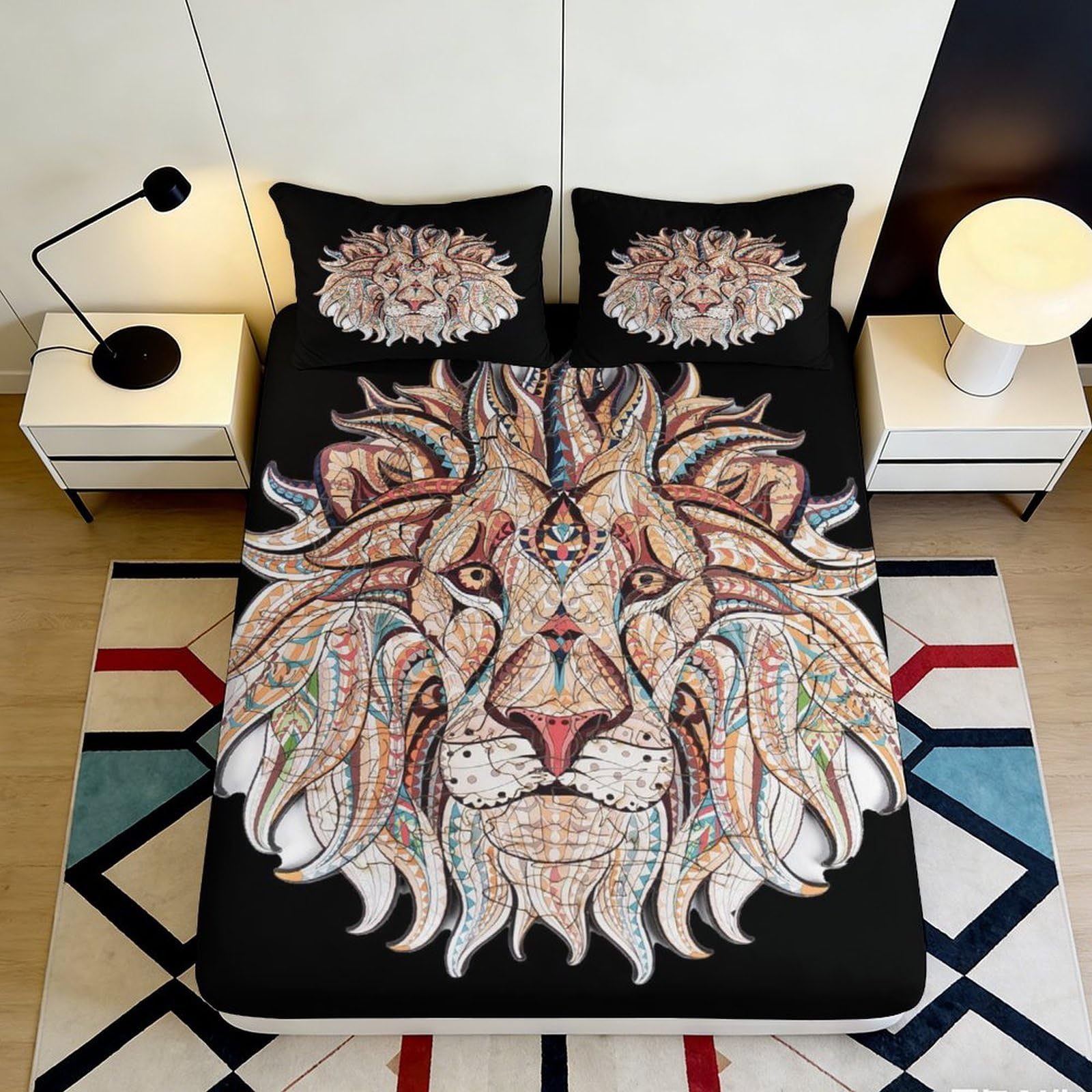 3D Printed Lion Art Fitted Sheet Microfiber Mattress Cover Anti-Slip Bed Sheet for Bedroom Dorm Guest Room Decor 200x200x25cm