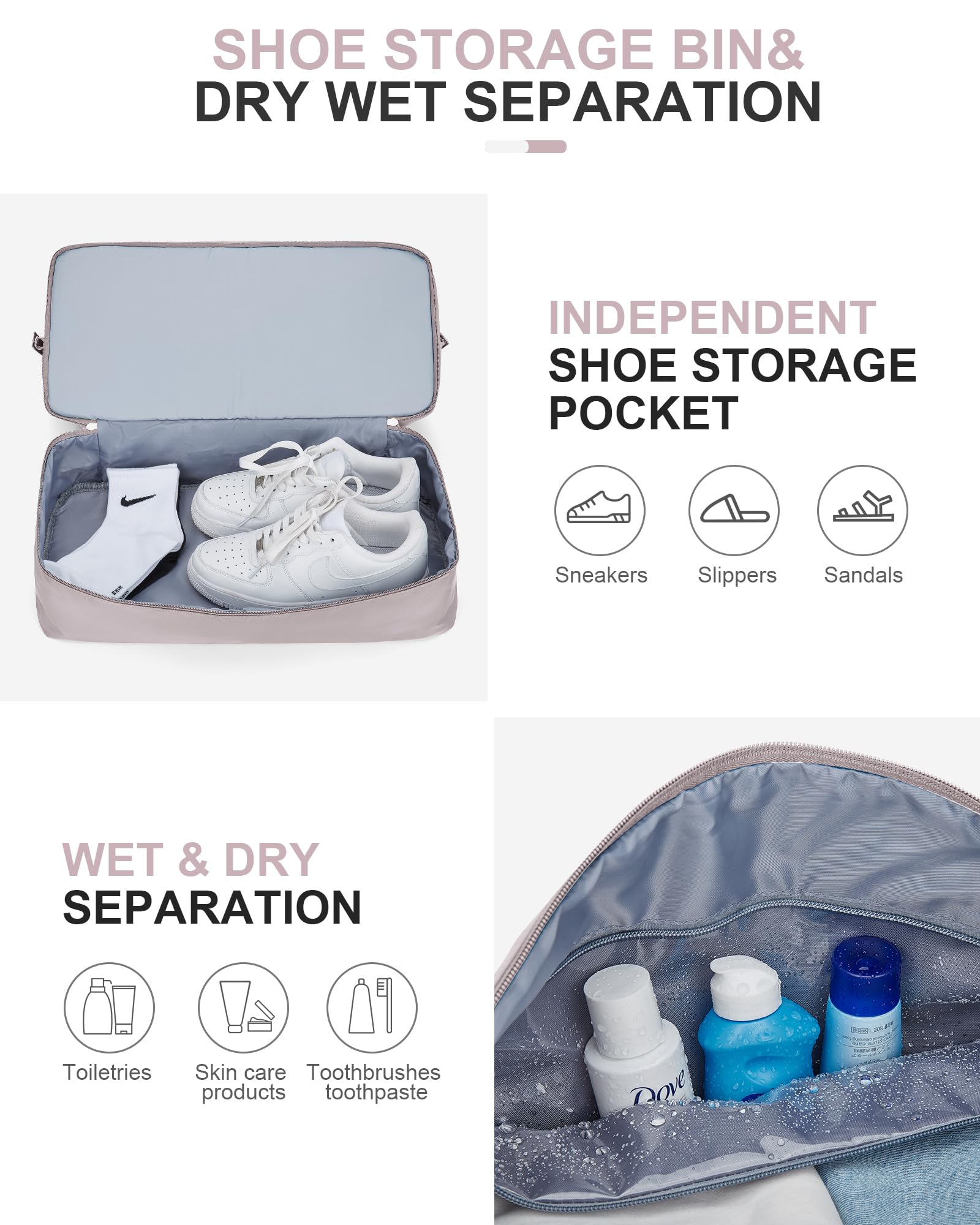 Borsone da Viaggio Donna, Bagaglio a Mano Borsa da Viaggio con Scomparto per le Scarpe, Borsa Sportiva Borsone da Palestra Grande, Borsa da Weekend, Borsa per Ospedale,I7-Rosa viola