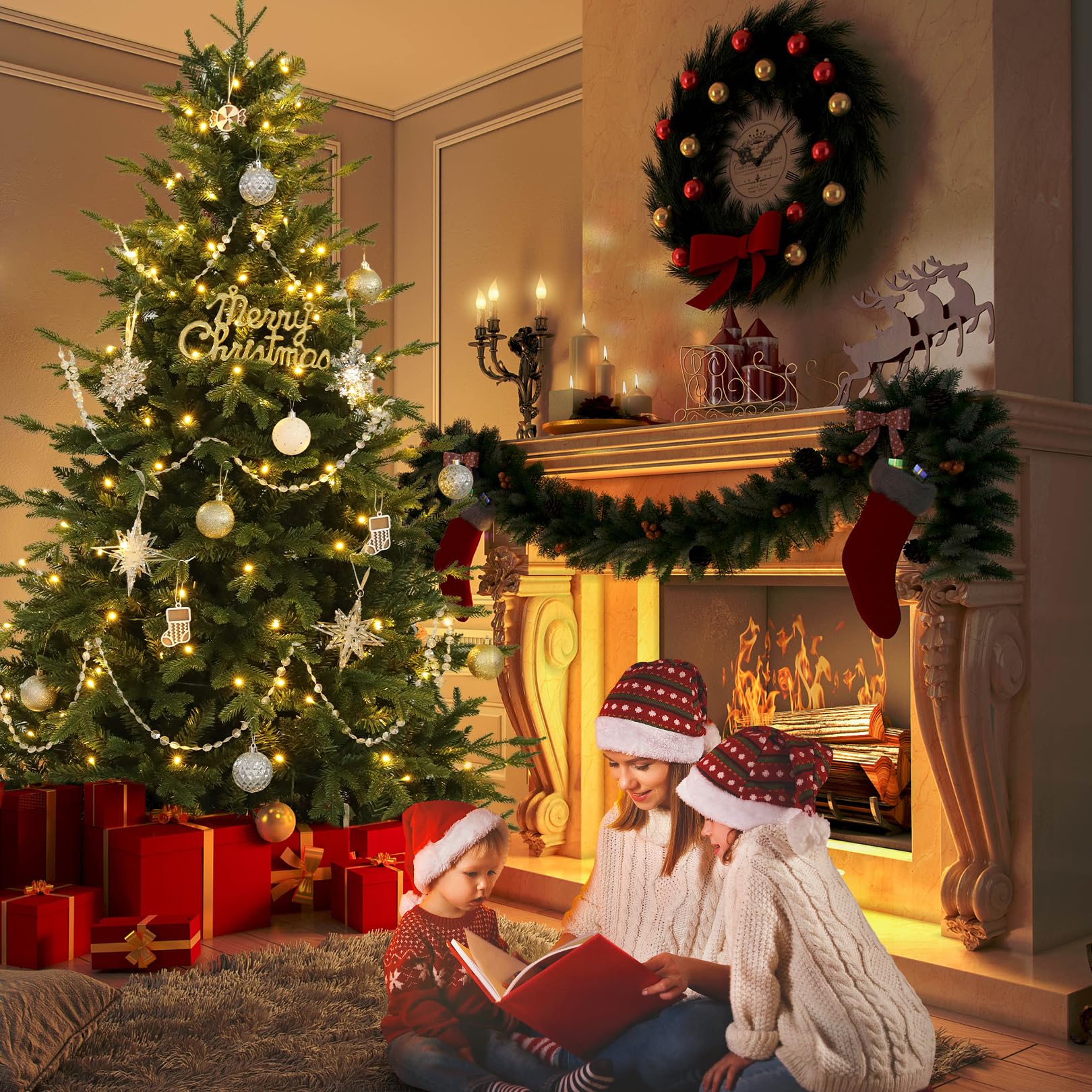 Sapin de Noël Artificiel de 180CM en PE & PVC avec 250 LED (Ø env. 124 cm) avec Neige, 1000 Pointes de Branches, Charnières en Métal & Support Pliable, Xmas Sapin pour Maison, Fête, Décoration de Noël