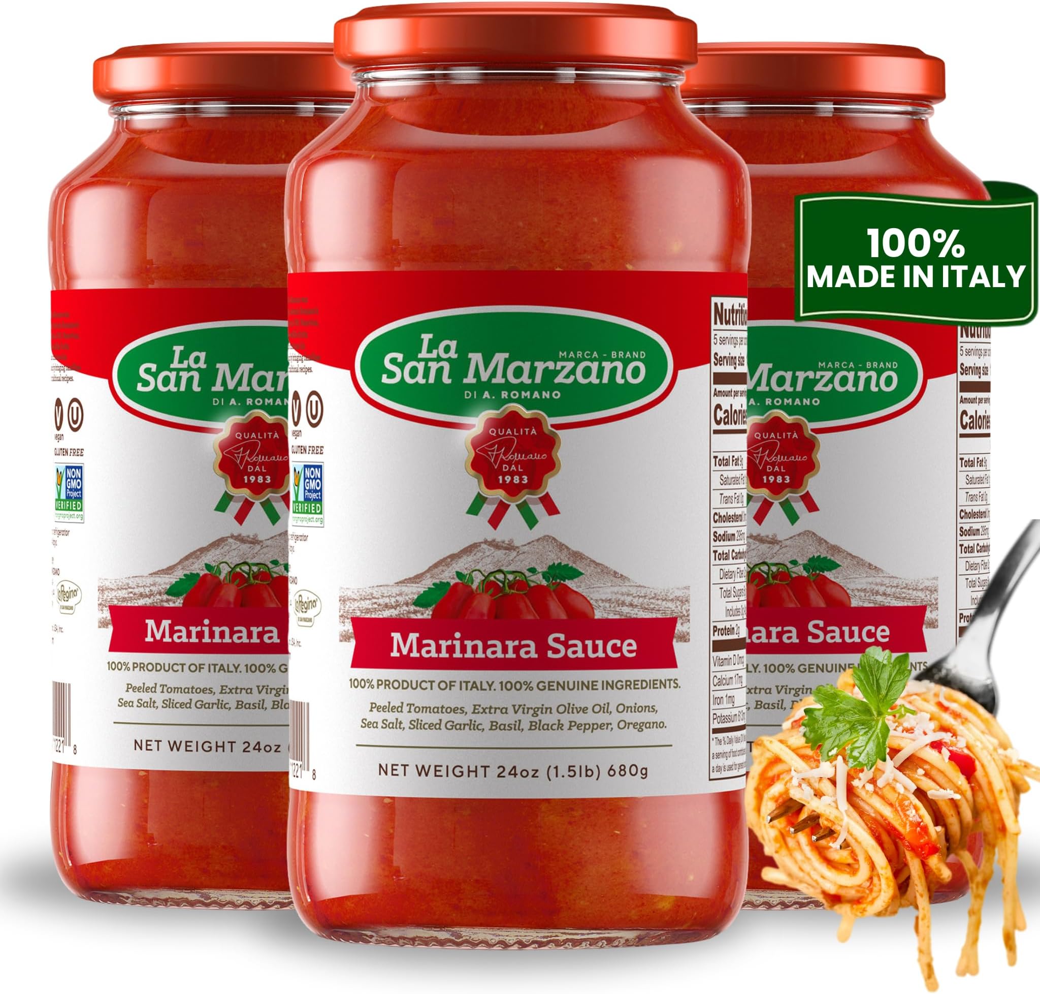 La San Marzano Marinara Sauce, 24 oz, Pasta Sauce Made in Italy, All Purpose Tomato Premium Quality, All Natural, Mediterranean Diet, Non GMO, Vegan, Gluten Free