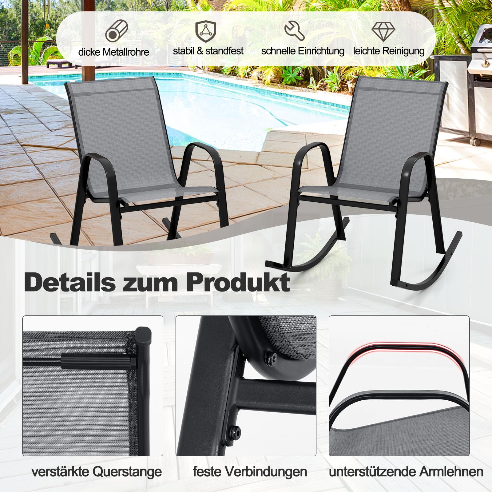 GOPLUS Schaukelstuhl 2er Set, Gartenstuhl atmungsaktiv mit ergonomischer Rücklehne & Armlehne, Balkonstuhl bis zu 150kg, Verandaschaukelstuhl Terassenstuhl für Garten Veranda Pool (Grau)