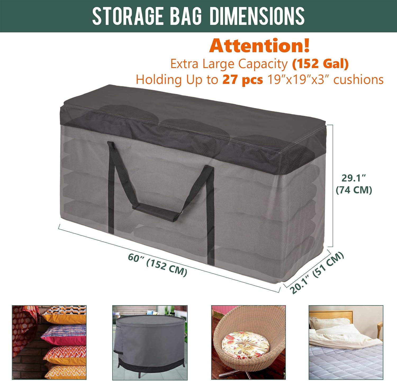 Rachmi 2 Pack Cushion Storage Bag (152 Gal x2) 60 Inch with Zipper & Padded Handle, Outdoor Oversized Heavy Duty 600D Water-Resistant Moving Bag, (60" Wx20 Dx29 H, Extra Large)