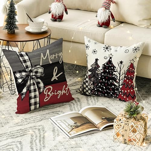 Miniatura 4 de AVOIN colorlife Juego de 4 fundas de almohada rojas con árboles de Navidad, 16 x 16 pulgadas, decoración de Navidad y vacaciones de invierno para
