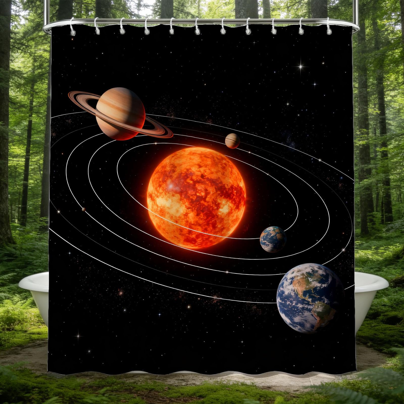 Hongduo 3D Planet Orbit Shower Curtain for Stalls Bathtubs Science Illustration Bathroom Decor Shower Curtain Set Polyester Fabric Waterproof 180x200cm/71X79 Inch with Hooks