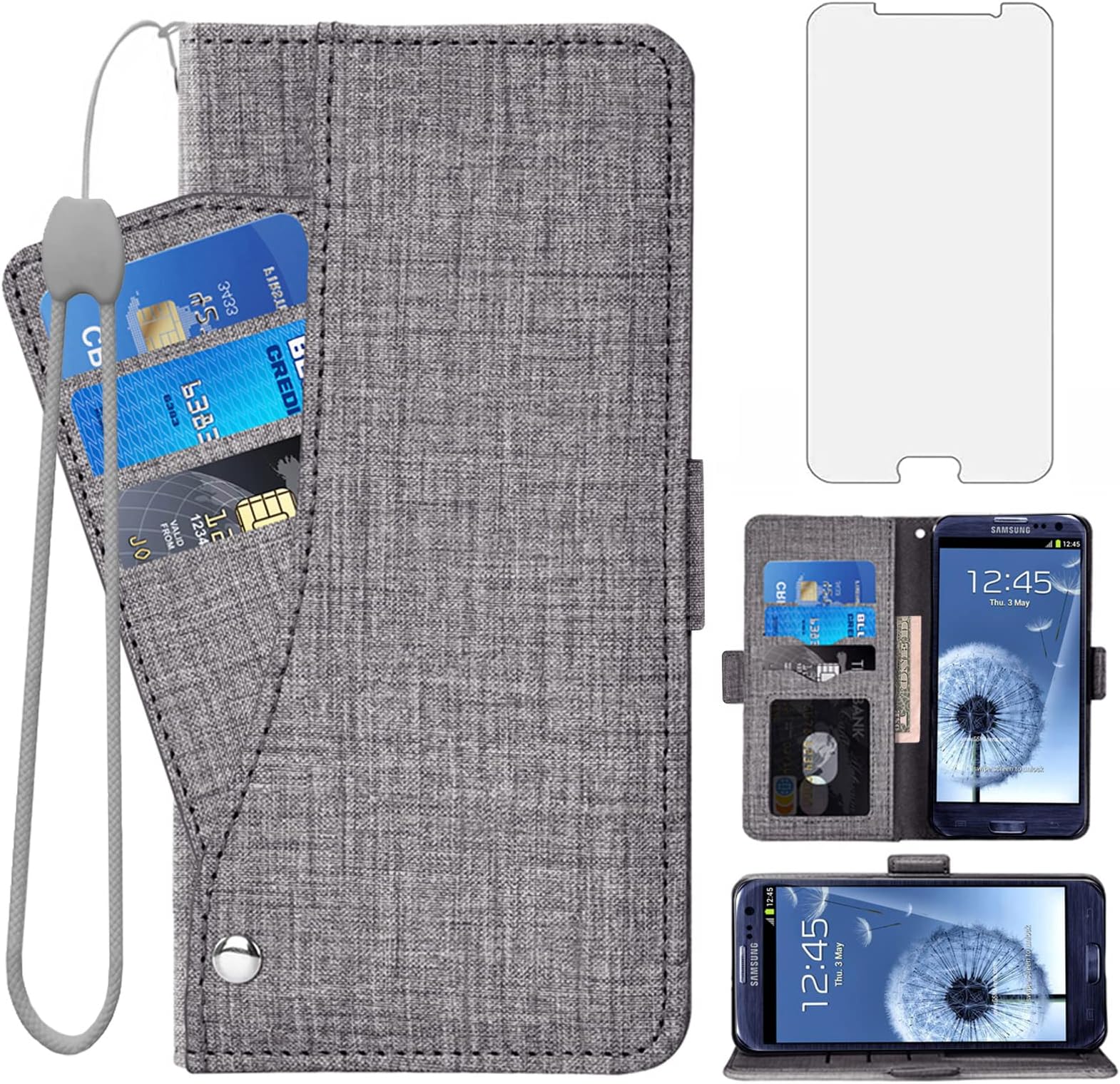 Asuwish Compatible with Samsung Galaxy S3 Wallet Case Tempered Glass Screen Protector and Leather Flip Cover Card Holder Stand Cell Phone Cases for Gaxaly SIII Neo Galaxies S III 3 3S GS3 I9300 Gray