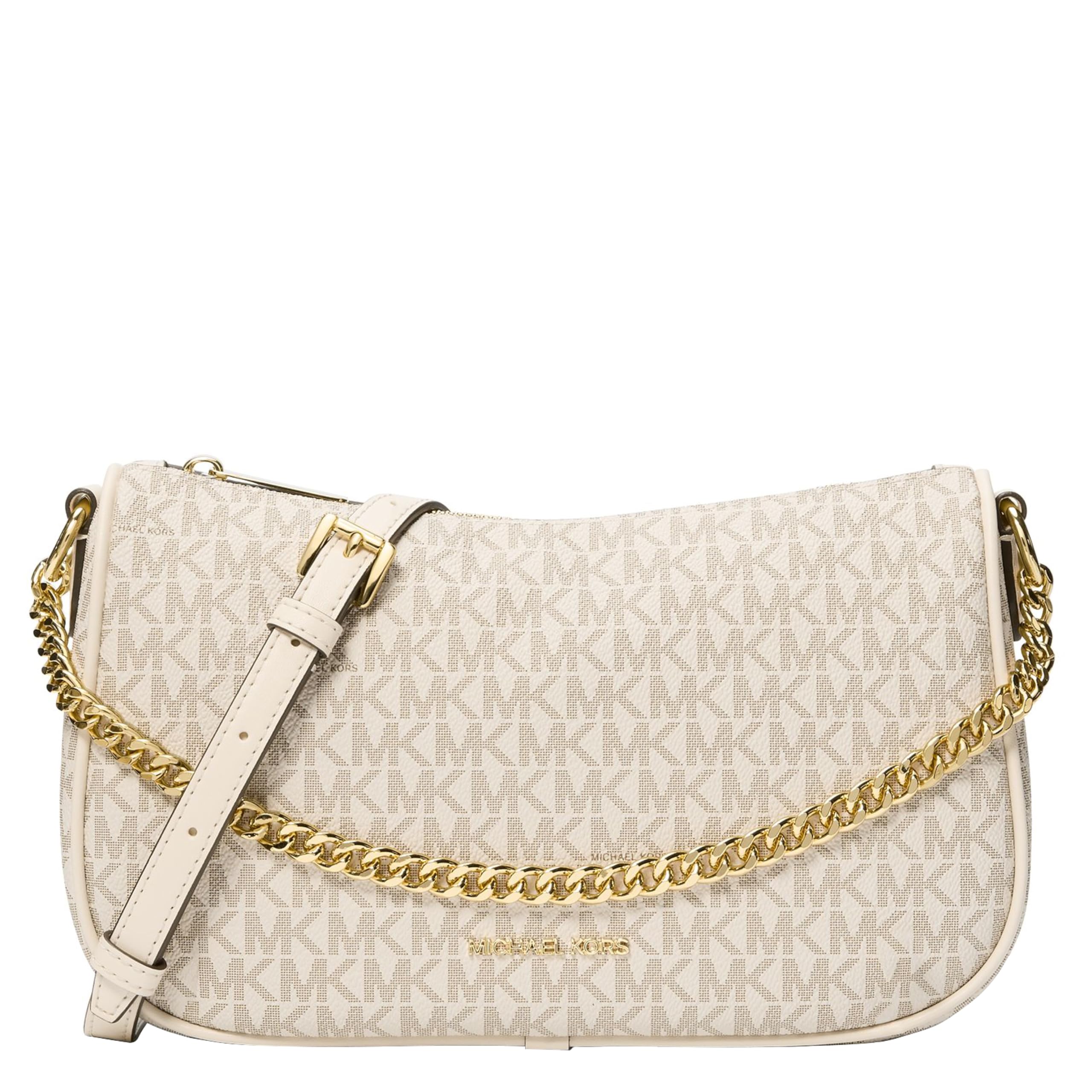Michael Kors Carmela - Bolso cruzado convertible mediano para mujer, accesorios en tono dorado/firma MK / crema claro