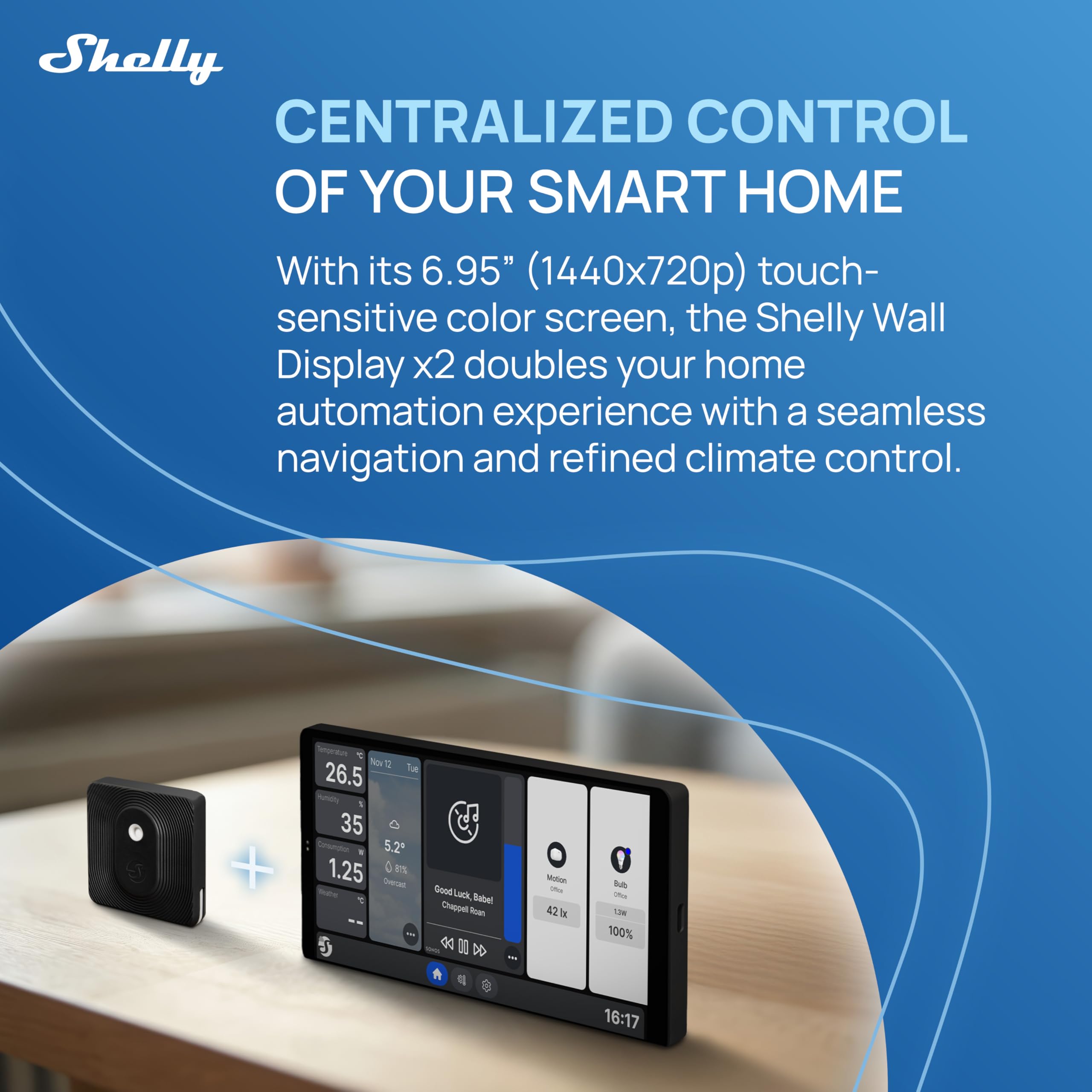 Shelly Wall Display x2 Negro y BLU H&T Negro - Panel de control domótico Wi-Fi con termómetro, higrómetro, pantalla táctil de 6,95'', interruptor 5A, termostato, Shelly App y Home Assistant