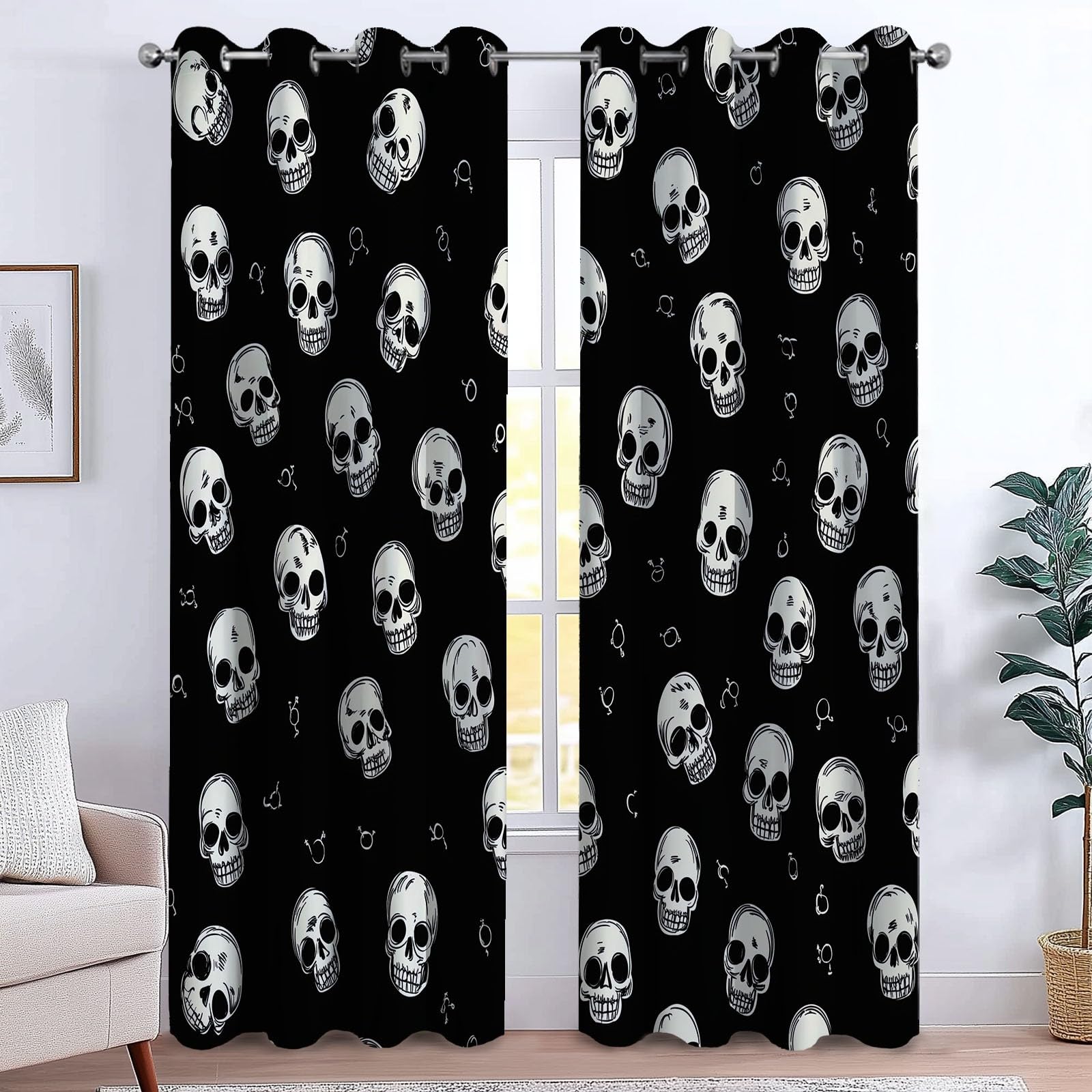 CozyRest Blackout Curtains for Kids Boys Girls, Black Skull Print Eyelet Curtains, Thermal Insulated Window Drapes for Childrens Nursery Baby Playroom, 2 Panels 55 x 102 inch