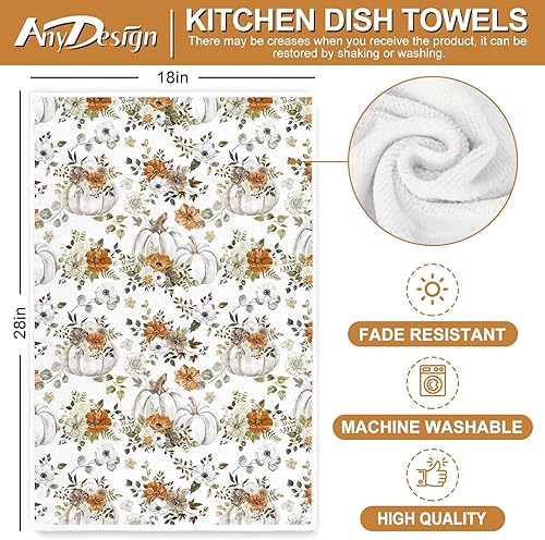 Miniatura 2 de AnyDesign Toalla de cocina de otoño de 18 x 28 pulgadas, acuarela, calabazas blancas, hojas, paño de cocina decorativo de otoño para secado de manos