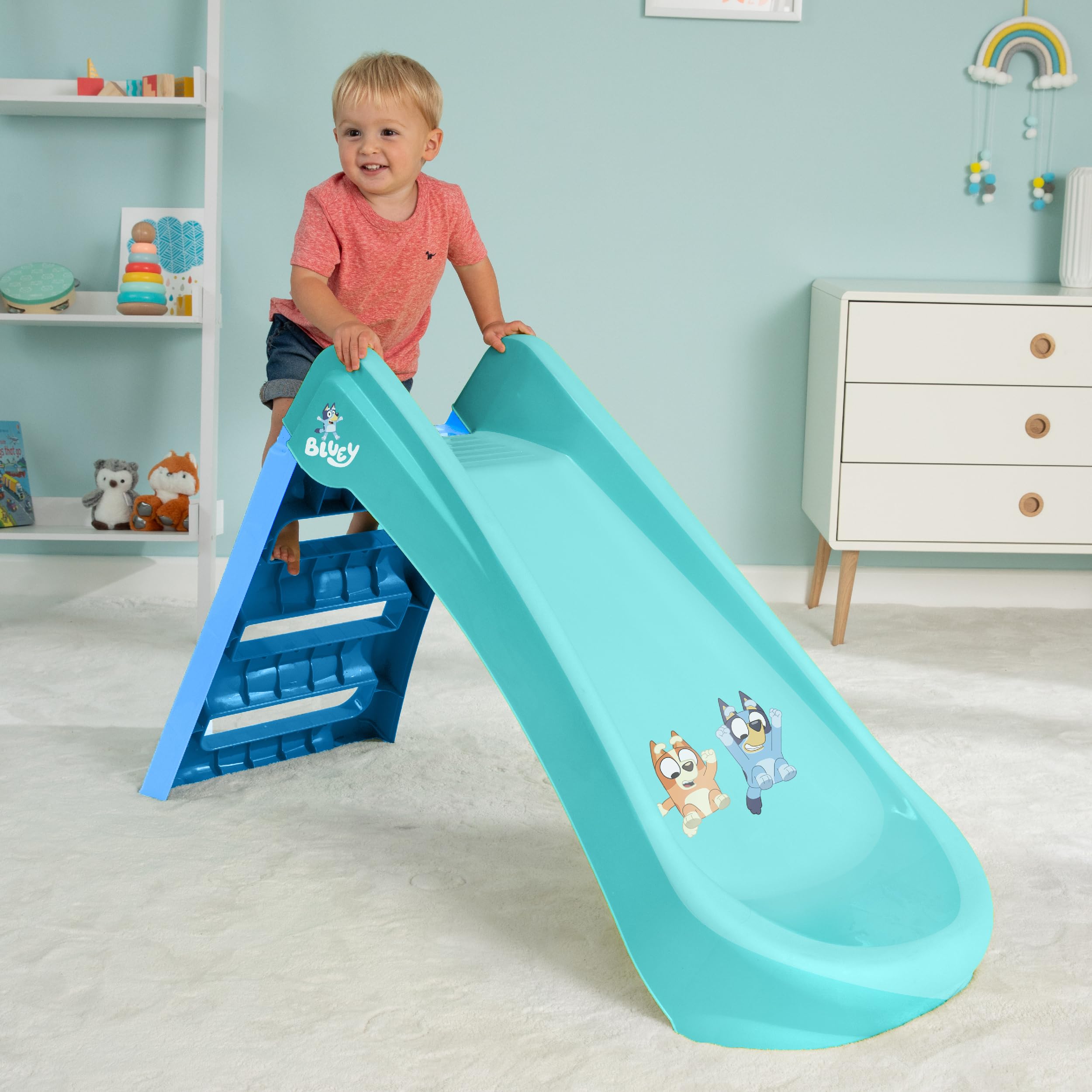 Bluey Scivolo pieghevole per interni ed esterni con scala, design facile da piegare, in plastica resistente, per bambini dai 18 mesi in su, attrezzatura da gioco leggera da giardino