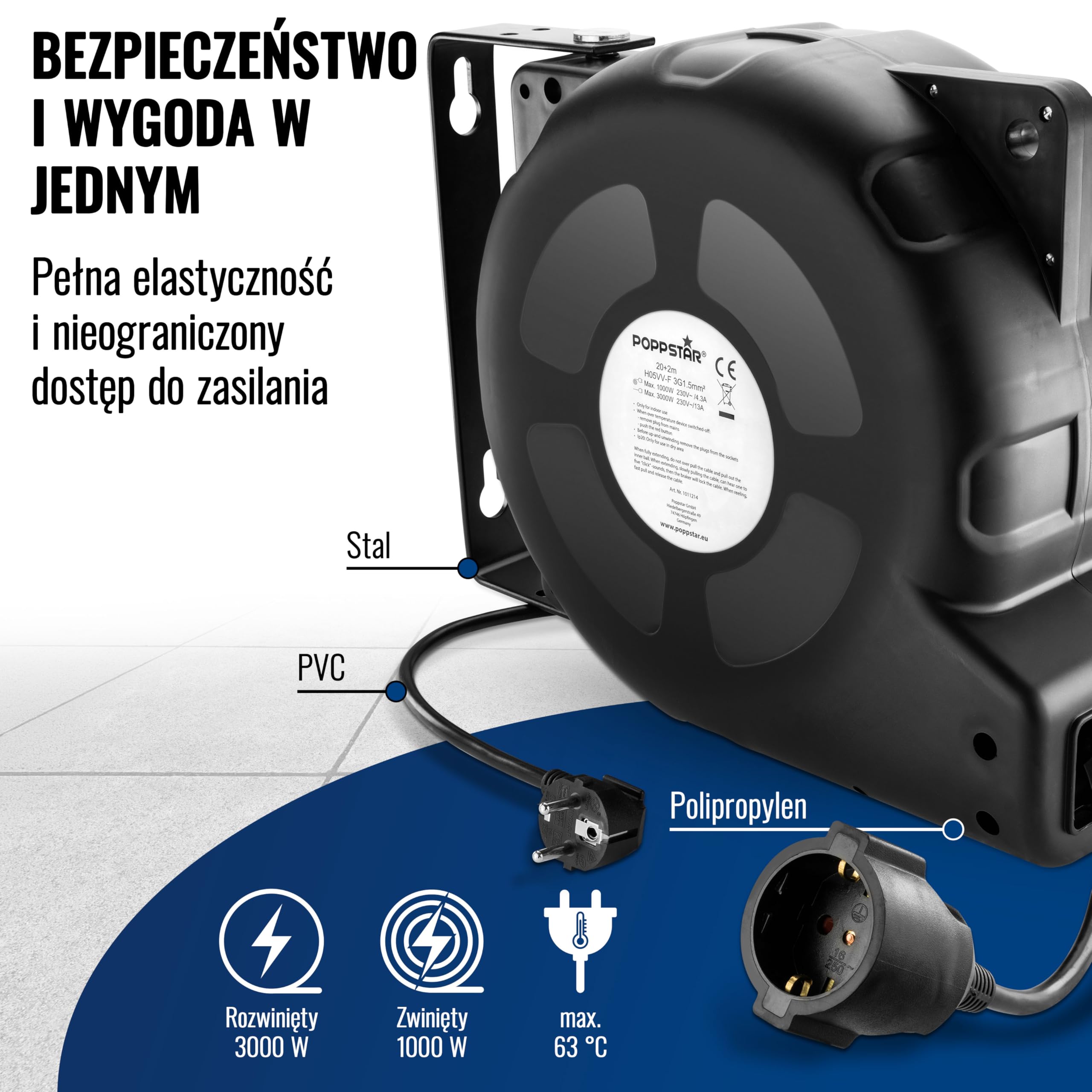 Poppstar automatyczny zwijacz kabli 20m + 2m (maks. 3000W), automatyczna szpulka kablowa samozwijająca IP20 ze wyłącznikiem termicznym