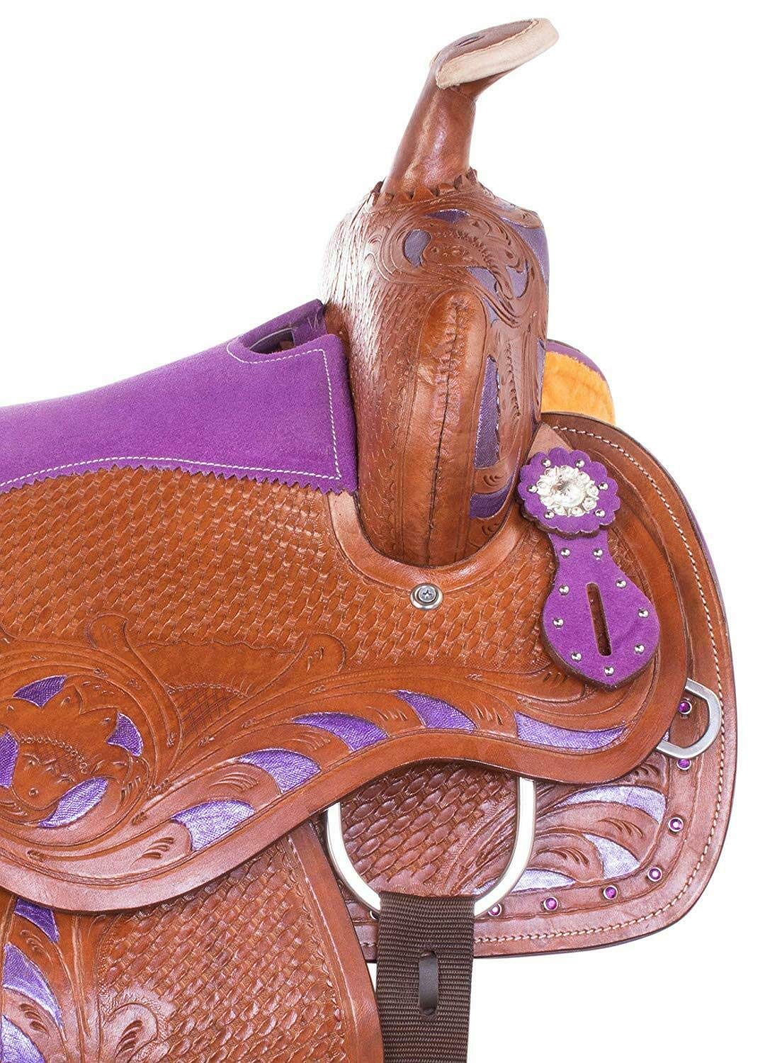 Sella per cavalli western viola, da corsa, in pelle bovina di alta qualità, set di sella per cavalli