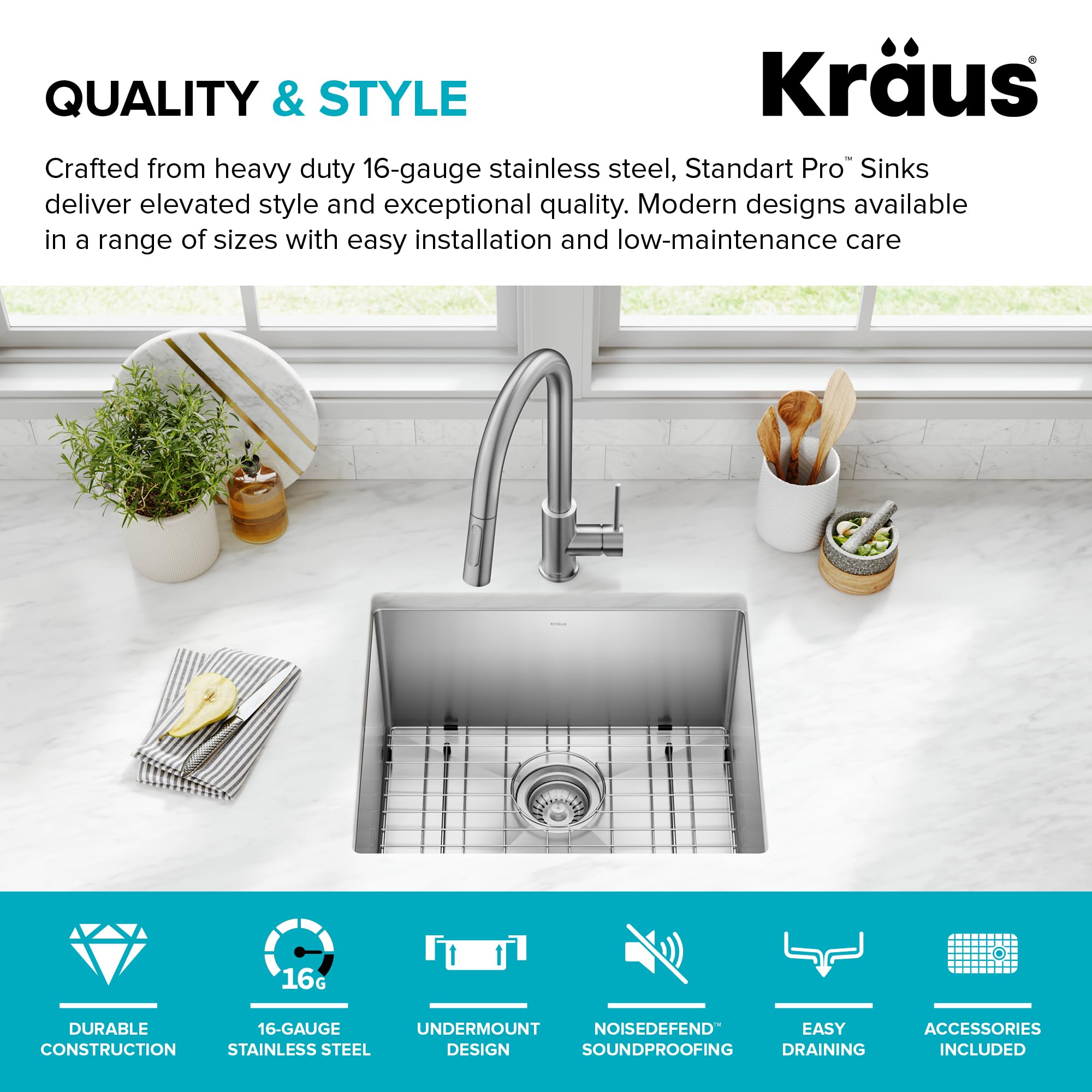 Kraus KHU101-21 Standart PRO 16 Gauge Unterbau Single Bowl Set (4 Artikelbündel: Spüle, Untergitter, Ablaufmontage, Küchentuch), 53,3 cm, Edelstahl