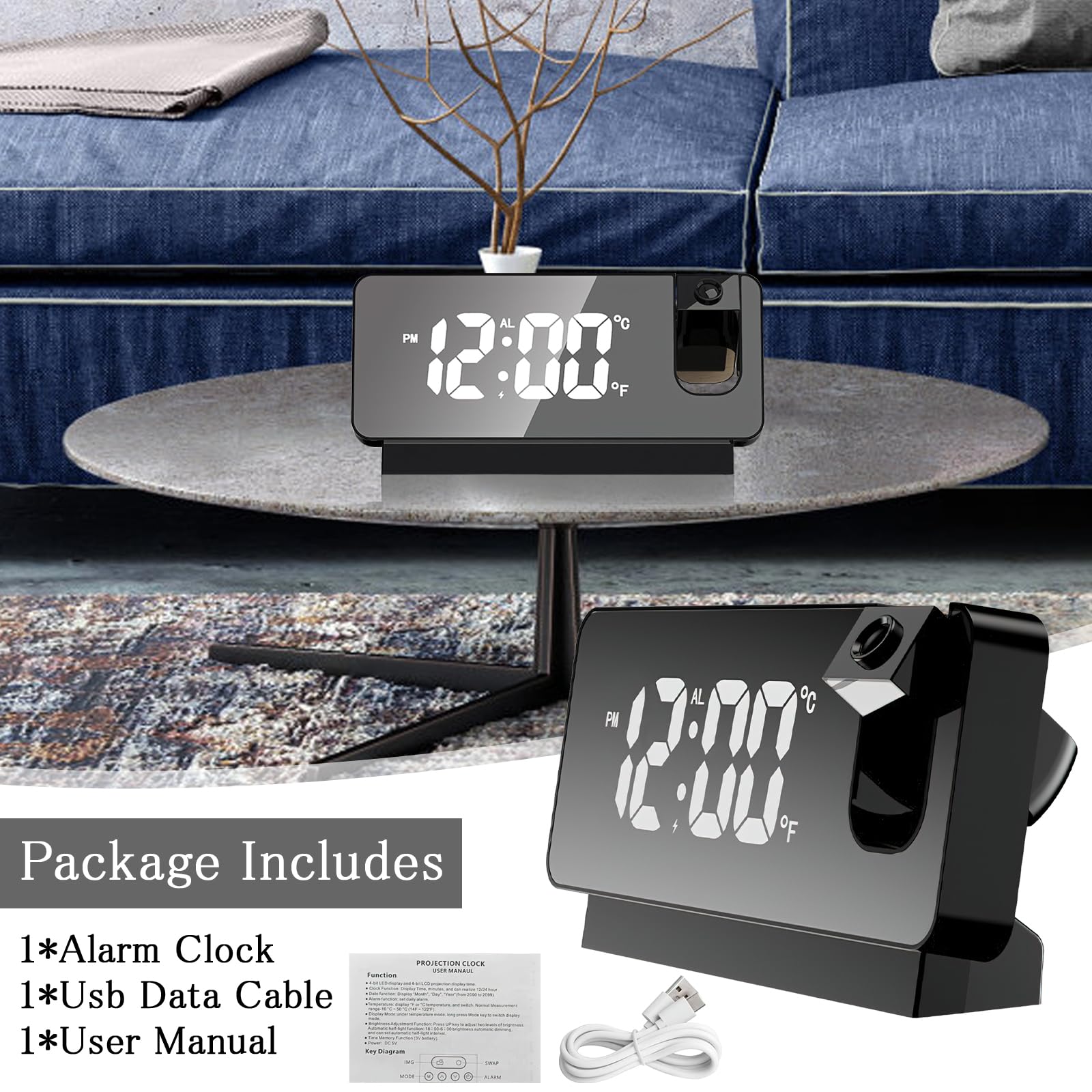 Sveglia Con Proiezione A 180° - Orologio Digitale LED Con Temperatura, USB E Funzione Snooze