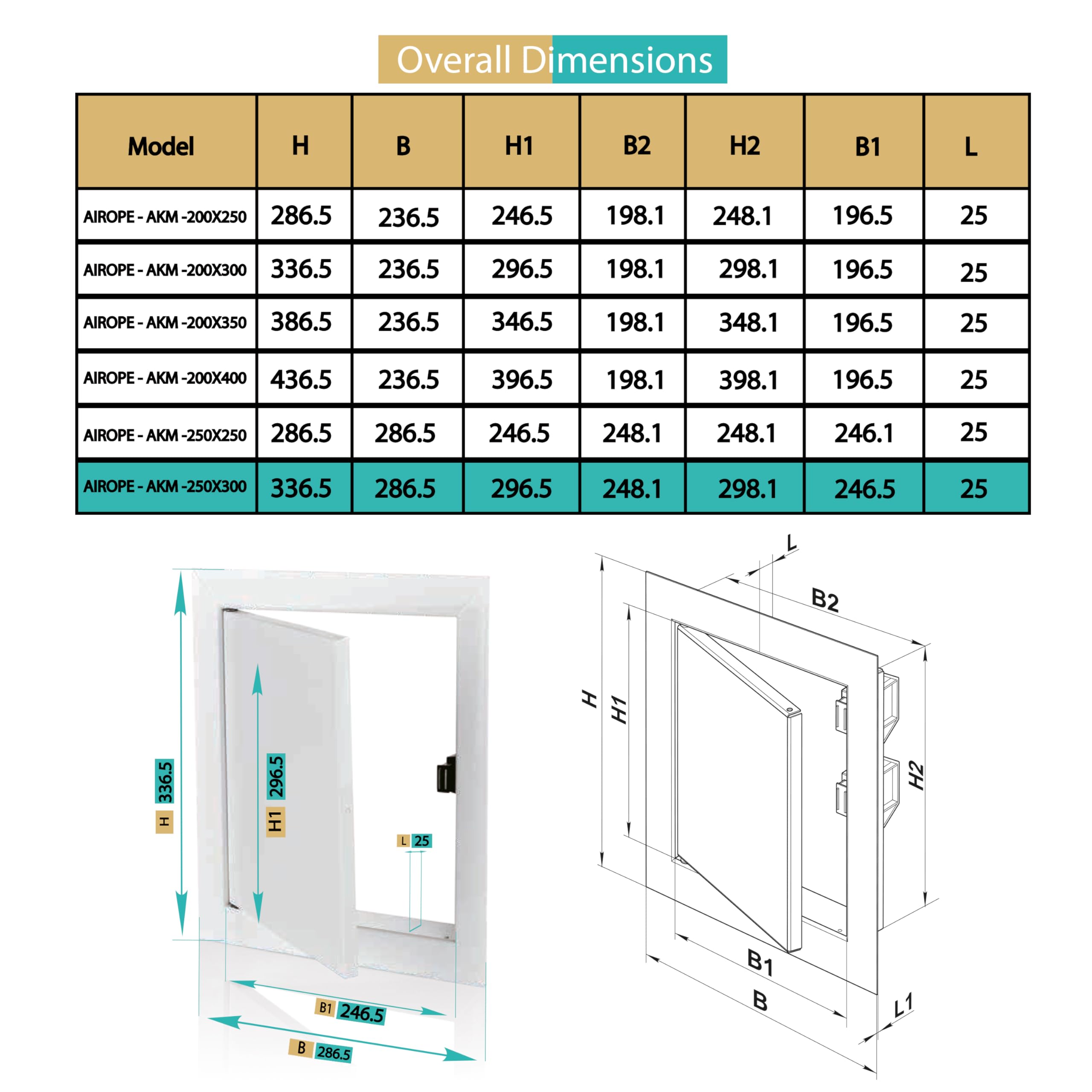 AIROPE 250 x 300 mm Steel Door with Magnetic Closure, Side Opening Left/Right, Access Panels for Water Meter Ceiling, Bathtub - Image 2
