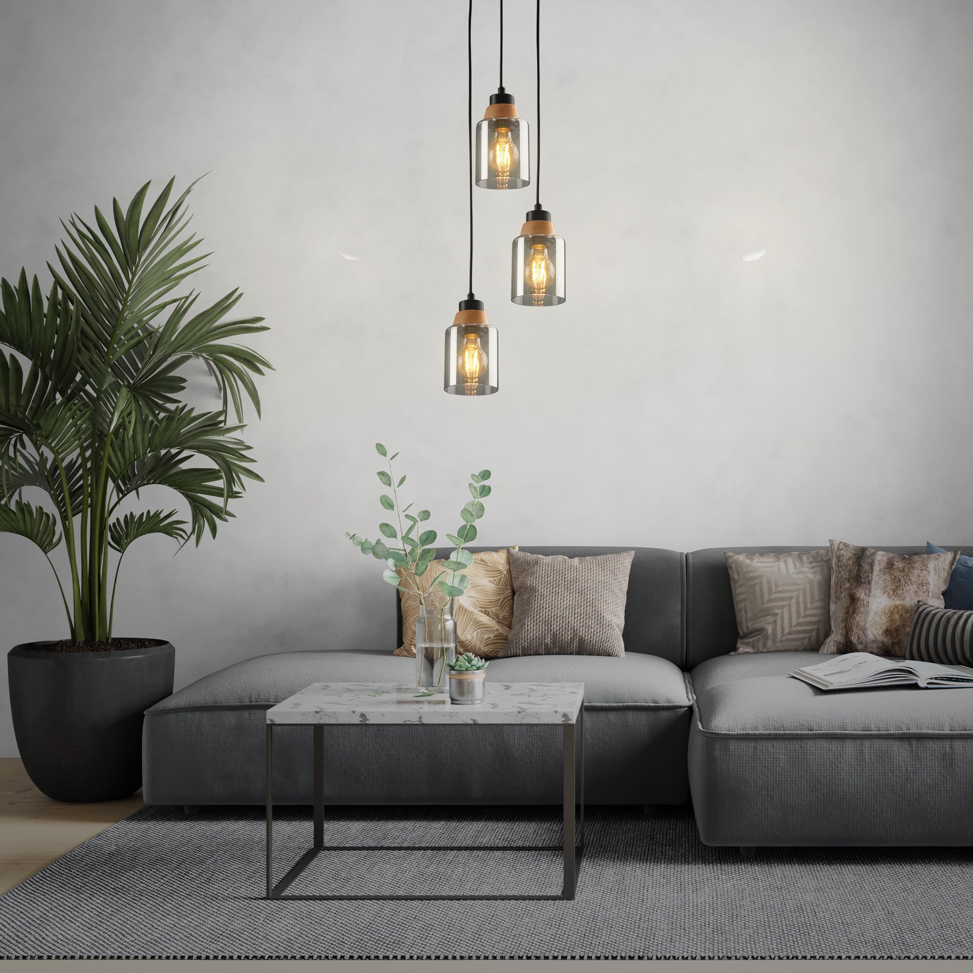 BRILONER – 3-flammige Pendelleuchte, Rauchglas, Deckenlampe, Deckenleuchte, Lampe, Wohnzimmerlampe, Lampenschirm aus Rauchglas, Hängelampe, Kronleuchter, Schlafzimmerlampe, Schwarz-Holz