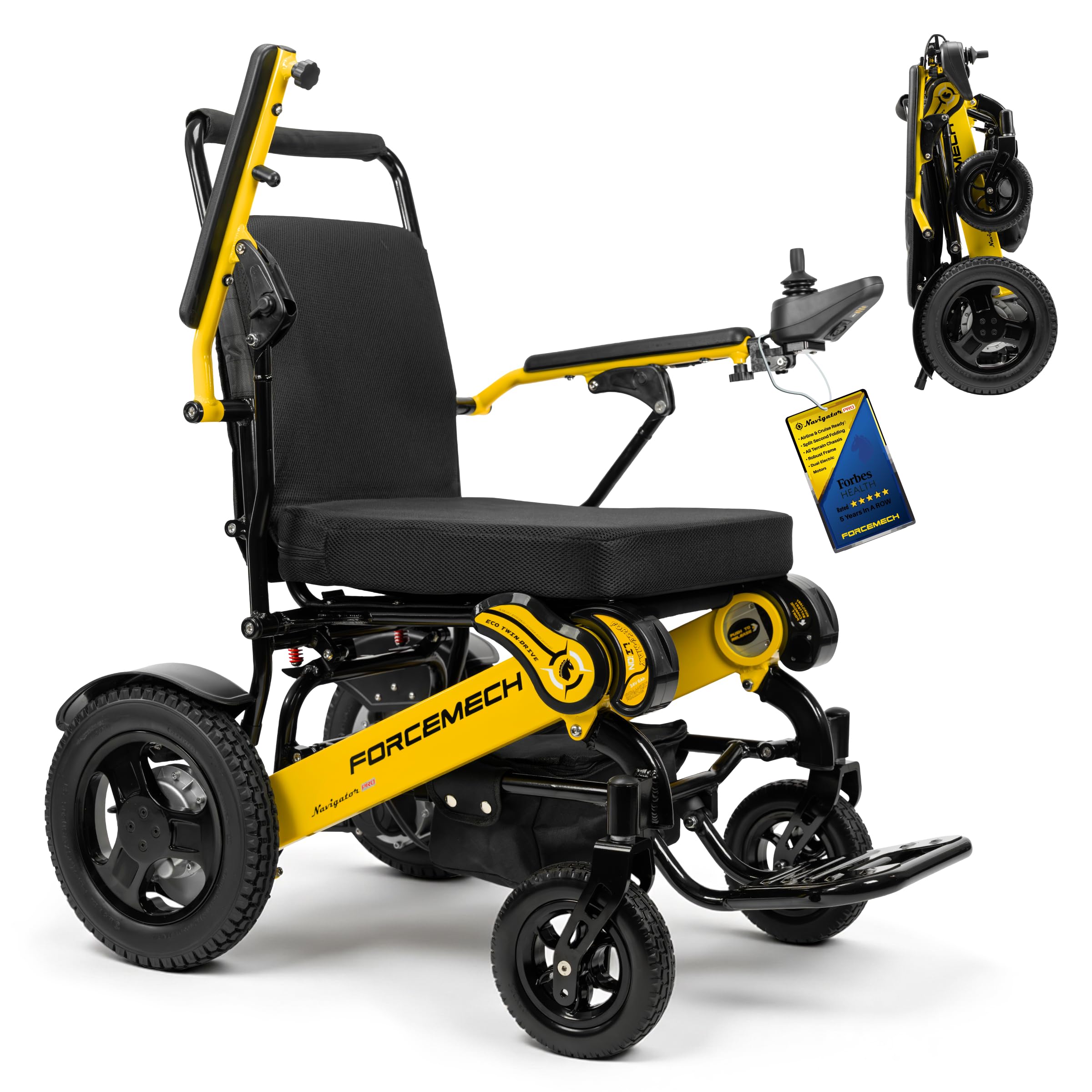 Forcemech Navigator Pro Electric Wheelchair in yellow and black, positioned outdoors on a rocky surface near water.