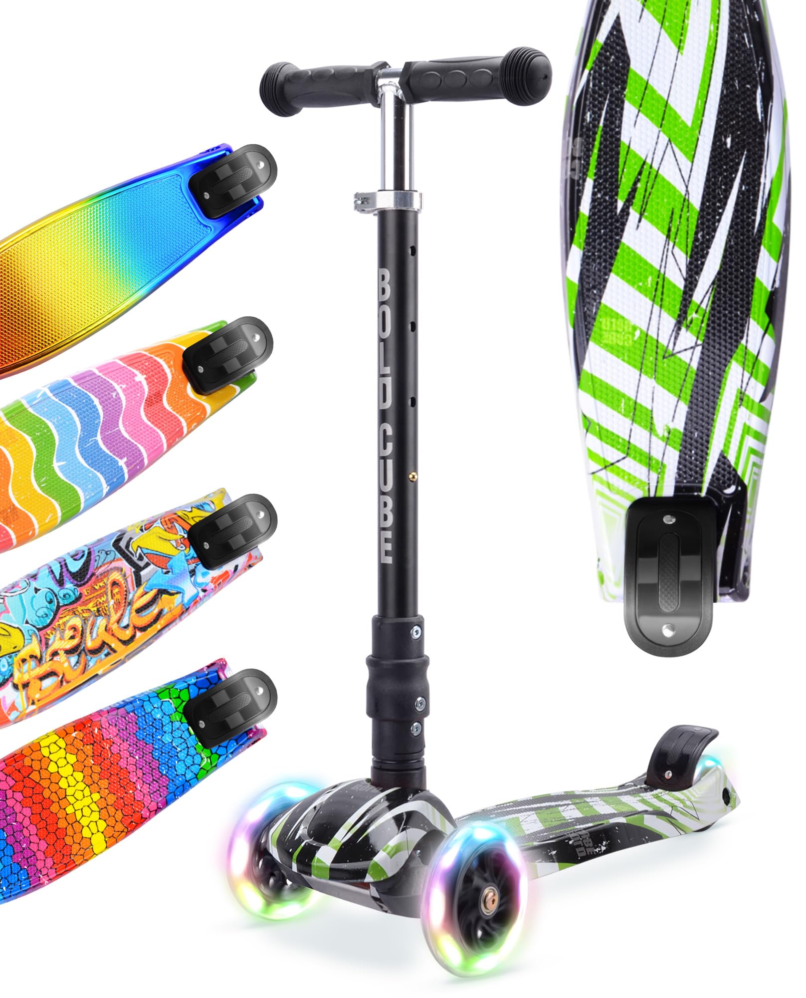 BOLDCUBE Big Fold | Three Wheel Scooter for Children Ages 5-10 Years | LED Wheels with Flashing Lights | Height Adjustable 65 to 89 cm | Rear Reflectors