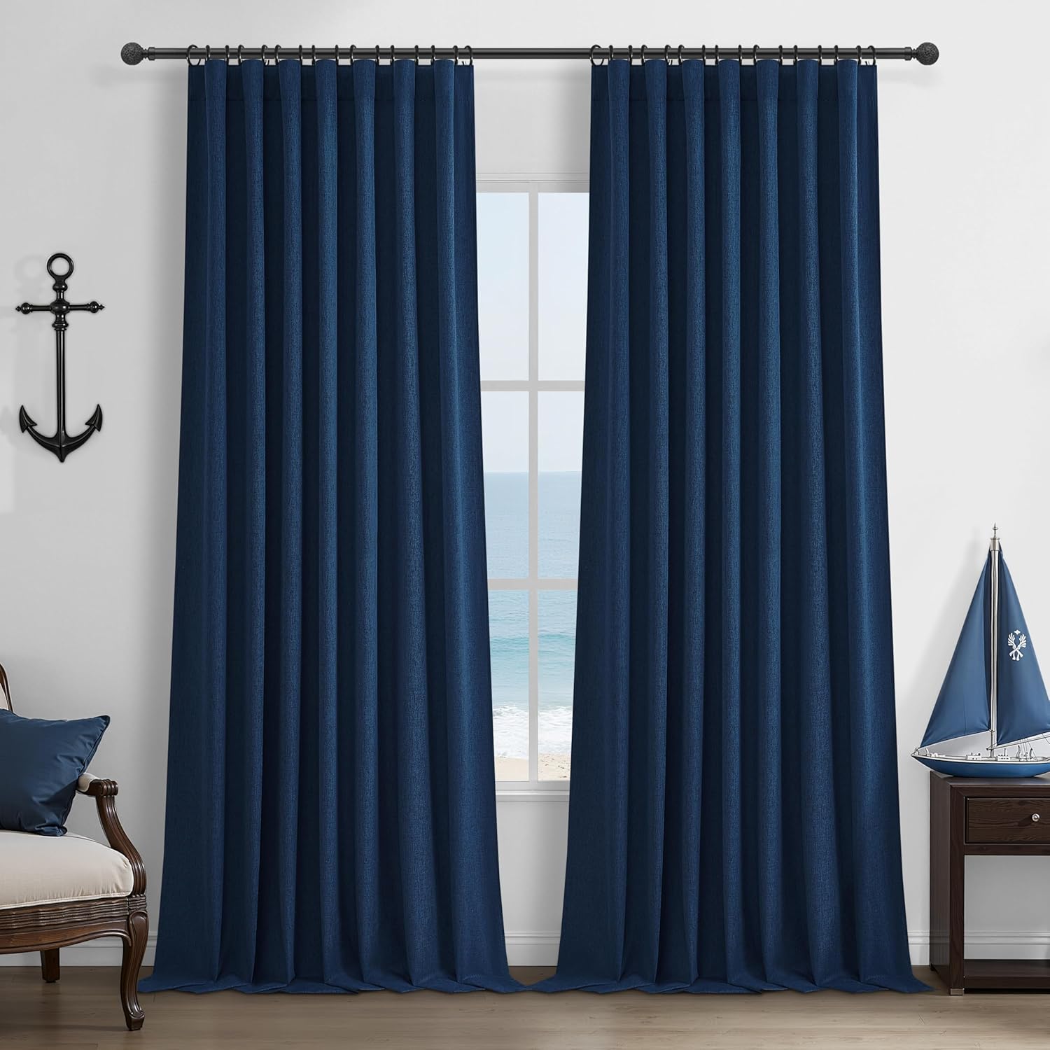 Navy Blue Blackout Curtains 96 Inch Length for Kids/Boys Rooms/Bedroom, Floor to Ceiling Track Pleated Drapes with Hooks Linen Thermal Coastal Curtain Dark Blue Window Burg 50"Wx96"Lx 2Panels Back Tab Navy 50"W x 96"L (Pack of 2)