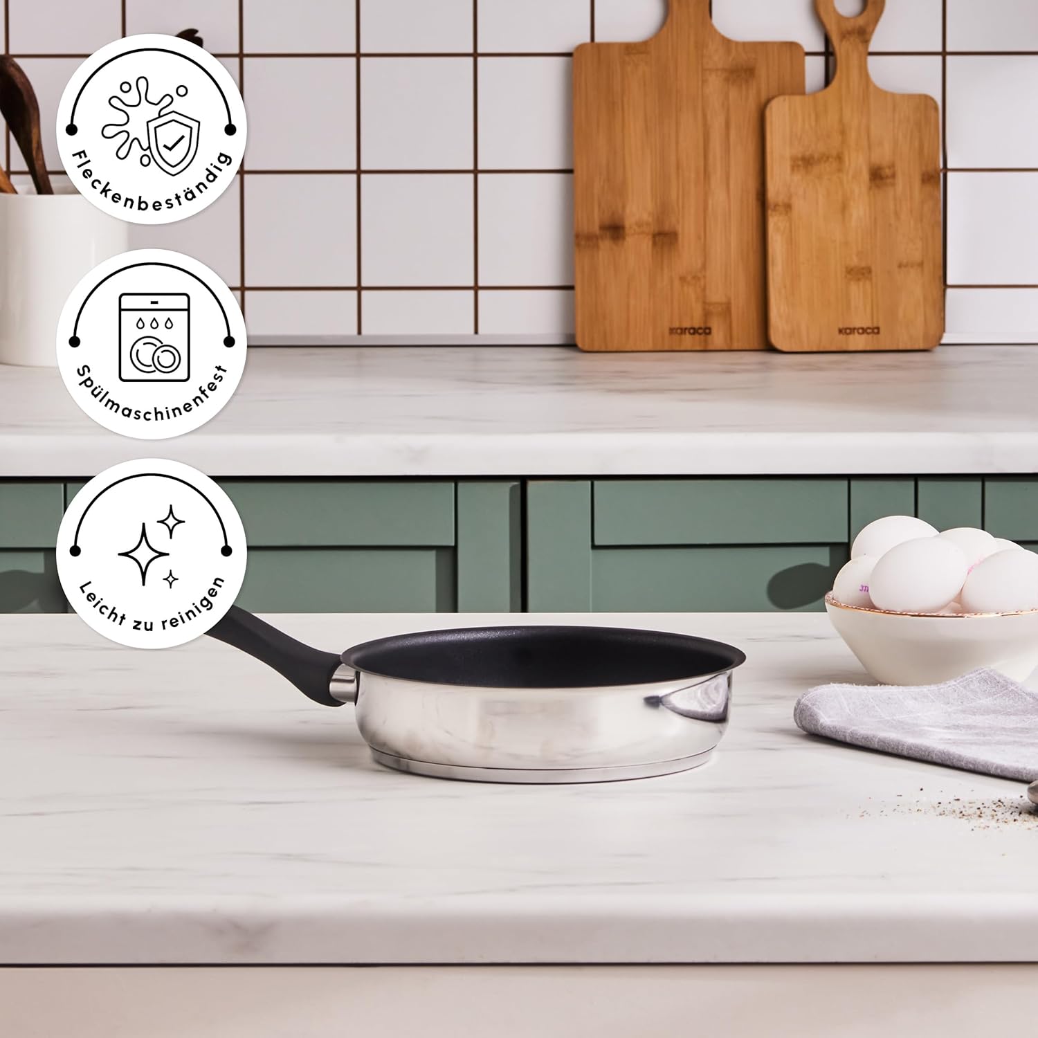 KARACA Gastro Frying Pan, 20 cm, High-Quality Stainless Steel Pan (1.5 Litres) with Fireproof Non-Stick Inner Coating and Durable Stainless Steel Surface for Healthy Cooking and Long Term Use