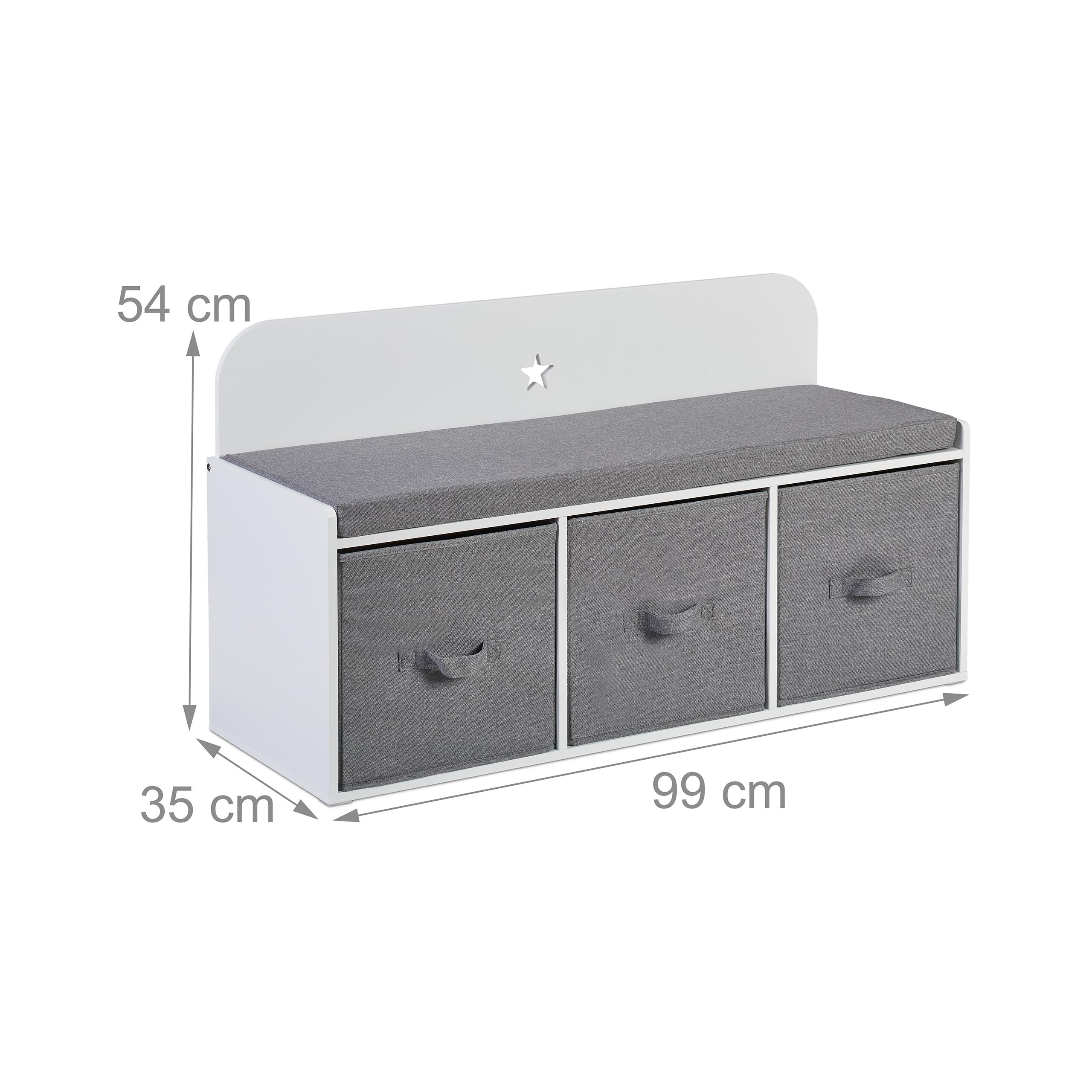Relaxdays Asiento Infantil con Almacenaje de Juguetes, 54 x 99 x 35 cm, Dormitorio o Pasillo, Banco Niños, Blanco y Gris