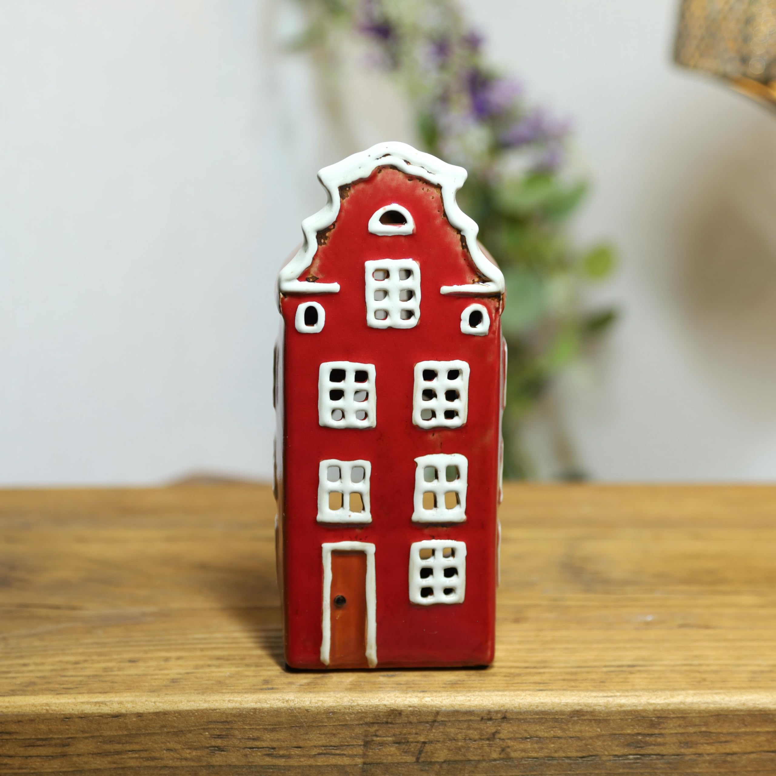 Fyne-Finds Multicolour Red Ceramic House Tealight Candle Holder Village Pottery Cottage Xmas Festive Shelfsitter Gift
