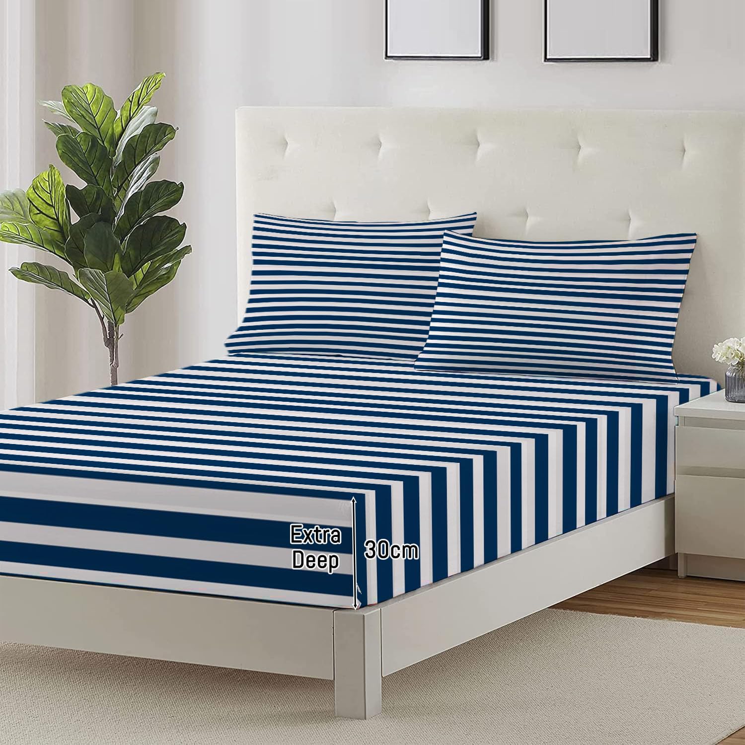 Sábana Bajera Ajustable 3 Piezas 150x200cm, Estampado Simple Rayas Juegos de Cama, Tema Náutico Microfibra Transpirable 30 cm de Profundidad con 2 Fundas de Almohada, Azul Oscuro