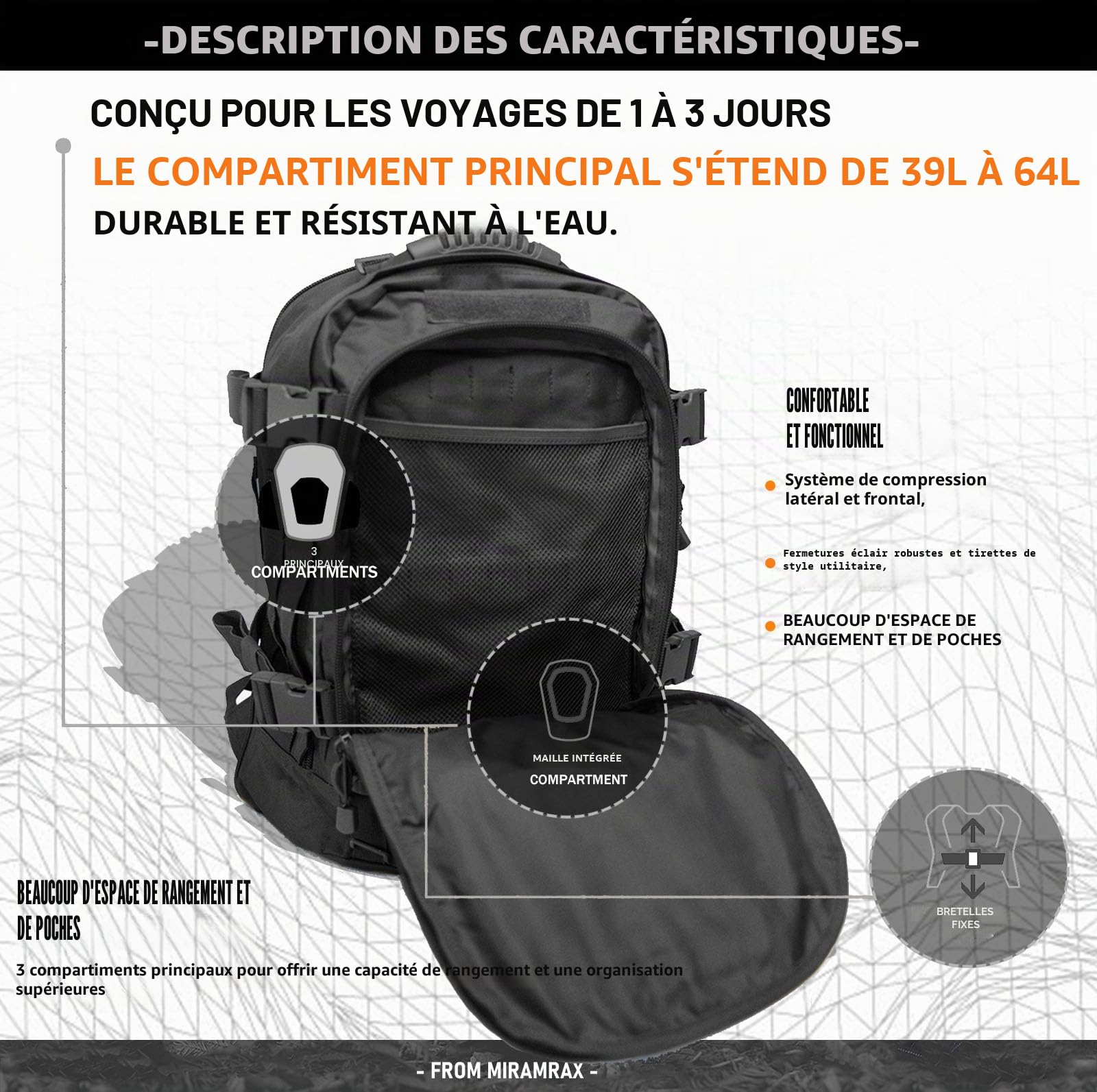 Miramrax Sac à dos tactique militaire – Sac à dos d'assaut pour homme – Sac à dos Molle - Sac à dos de 3 jours pour la randonnée