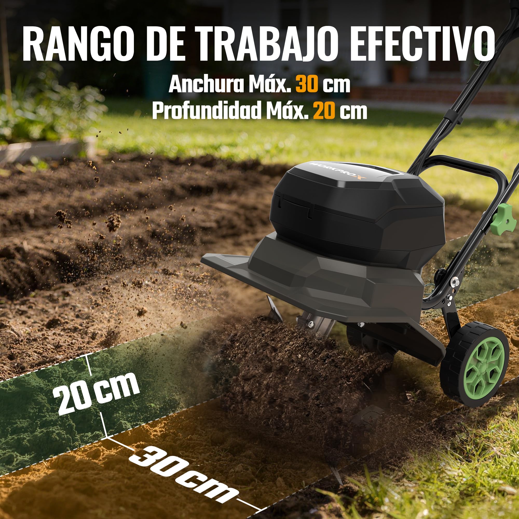WORKPROX Motoazada Eléctrica a Batería 40V con 2×4,0Ah, Cultivador de Jardín Inalámbrico, Ancho de Trabajo 30 cm, Profundidad 20 cm, Ruedas Ajustables, Mango Plegable