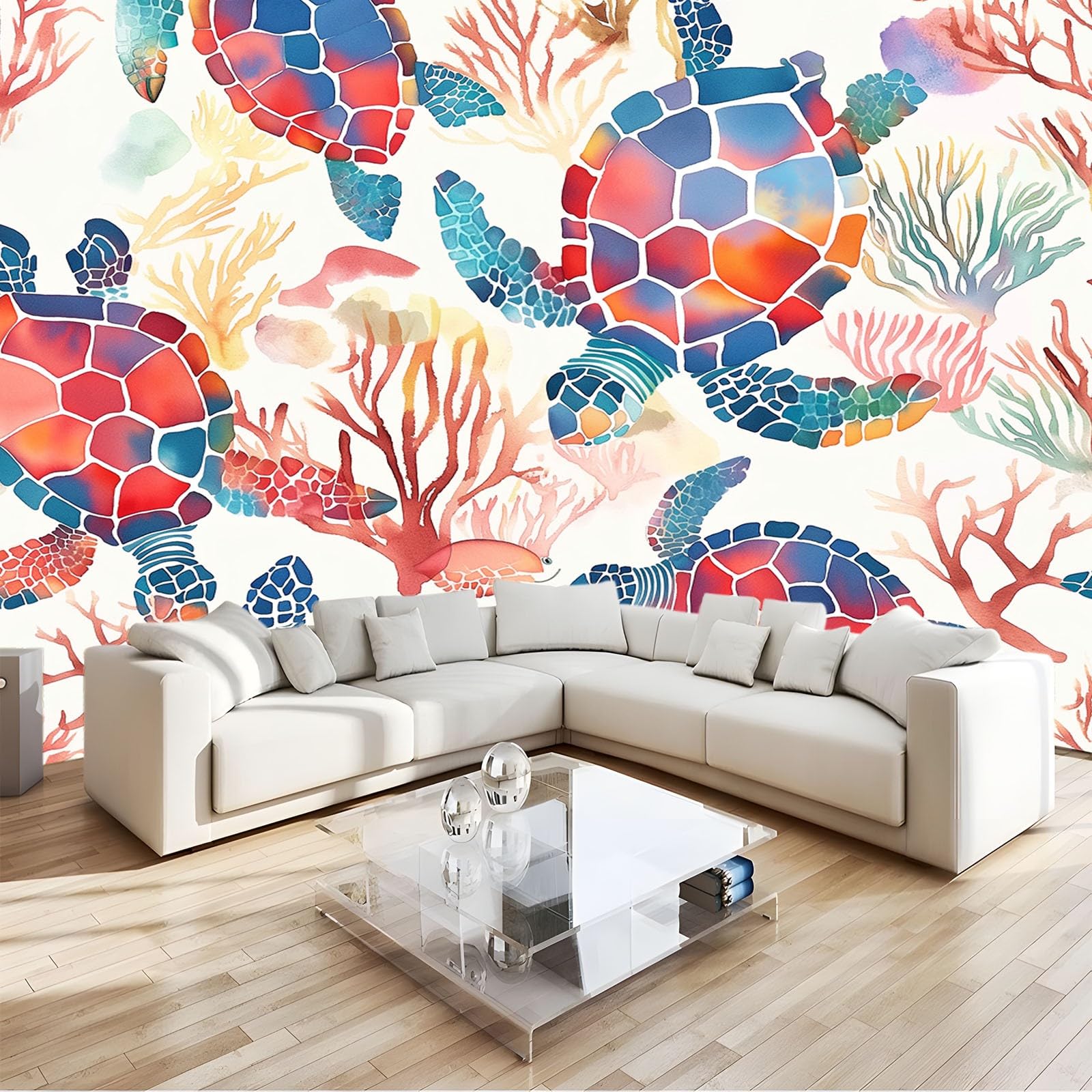 Fototapeta akwarela zwierzęta koral spersonalizowane tapety ścienne plakat ścienny 300 x 210 cm nowoczesna dekoracja ścienna salon sypialnia pokój dziecięcy sypialnia czerwony niebieski
