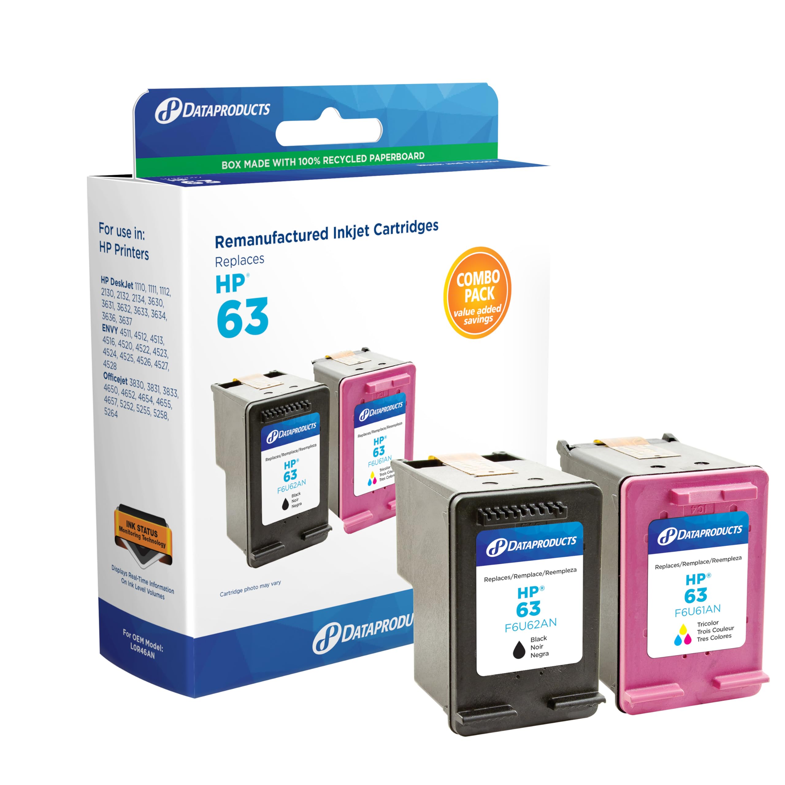 Dataproducts Remanufactured High Yield Black, Tri-Color Ink Cartridges Replacement for HP 63 (L0R46AN) 2-Pack
