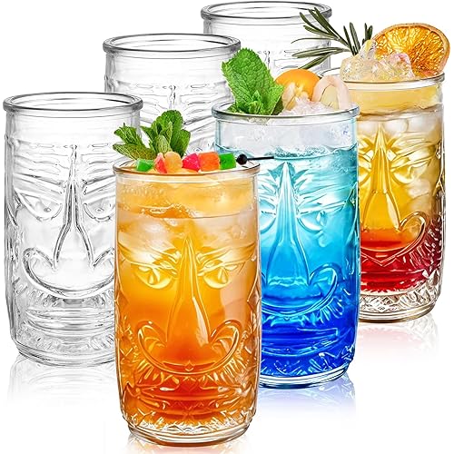 6 Pack Tiki Glasses, 16 Oz Clear Tiki Mug, Exotic Zombie Party Cup, Hawaiian Style Cocktail Glasses Gift Set, Cute Old Fashioned Drinking Glassware for Tropical Island Drink Mai Tai Tiki Bar
