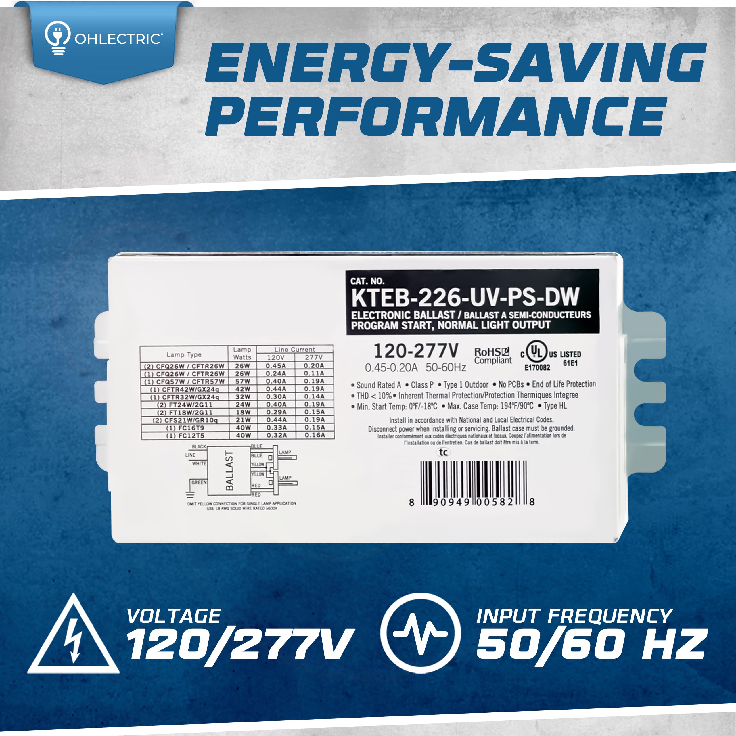 OHLECTRIC Replacement for Keystone KTEB-226-UV-PS-DW | 2 Lamp Compact Fluorescent Electronic Ballast | 26 Watts & 120-277V Input | High Power Factor & Program Start | UL Listed