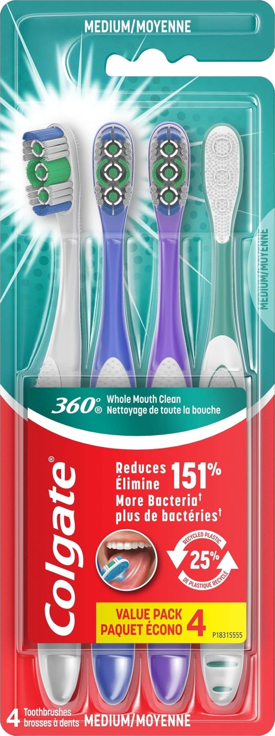 Colgate 360 Deep Clean 4-in-1 Bacteria Removal Toothbrushes, Medium, 4