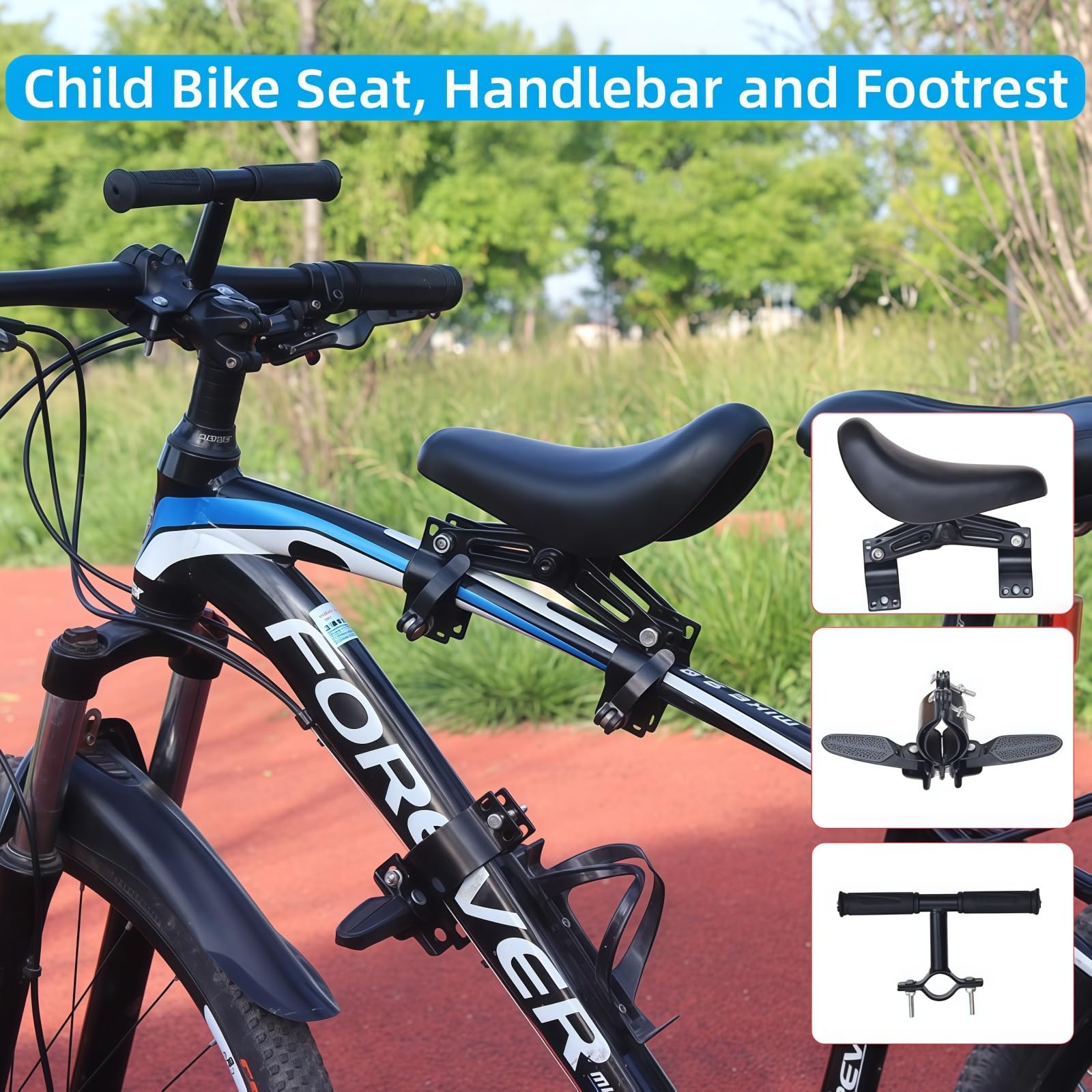Silla infantil para bicicleta de montaña, asiento delantero con reposapiés, manillar y pedales para niños de 2 a 6 años, silla infantil delantera desmontable para la mayoría de las bicicletas modernas