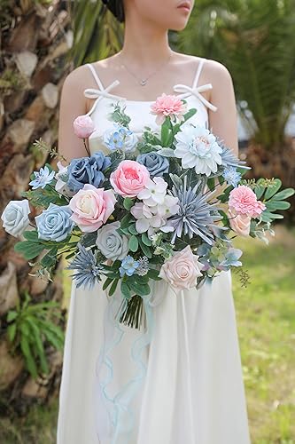 Miniatura 3 de Koroni Flowers Juego de flores artificiales de color azul y rosa, rosas falsas, peonías, flores de seda con tallos para ramos de boda, arreglos