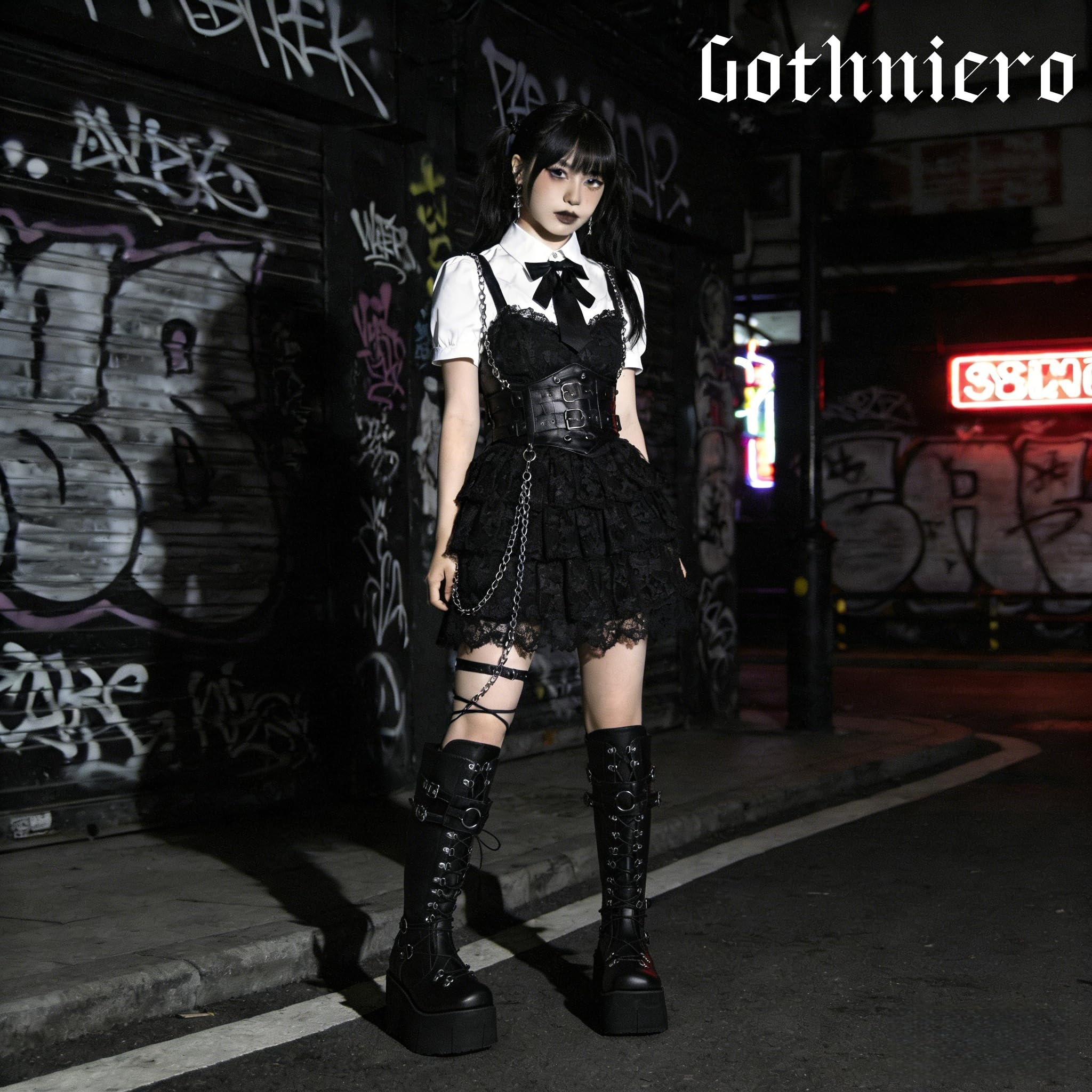 Gothniero Botas de plataforma negra hasta la rodilla Botas góticas de mujer Botas de combate para mujer Botas de moto Rave Zapatos góticos ligeros y cómodos con talla de encaje 35-43