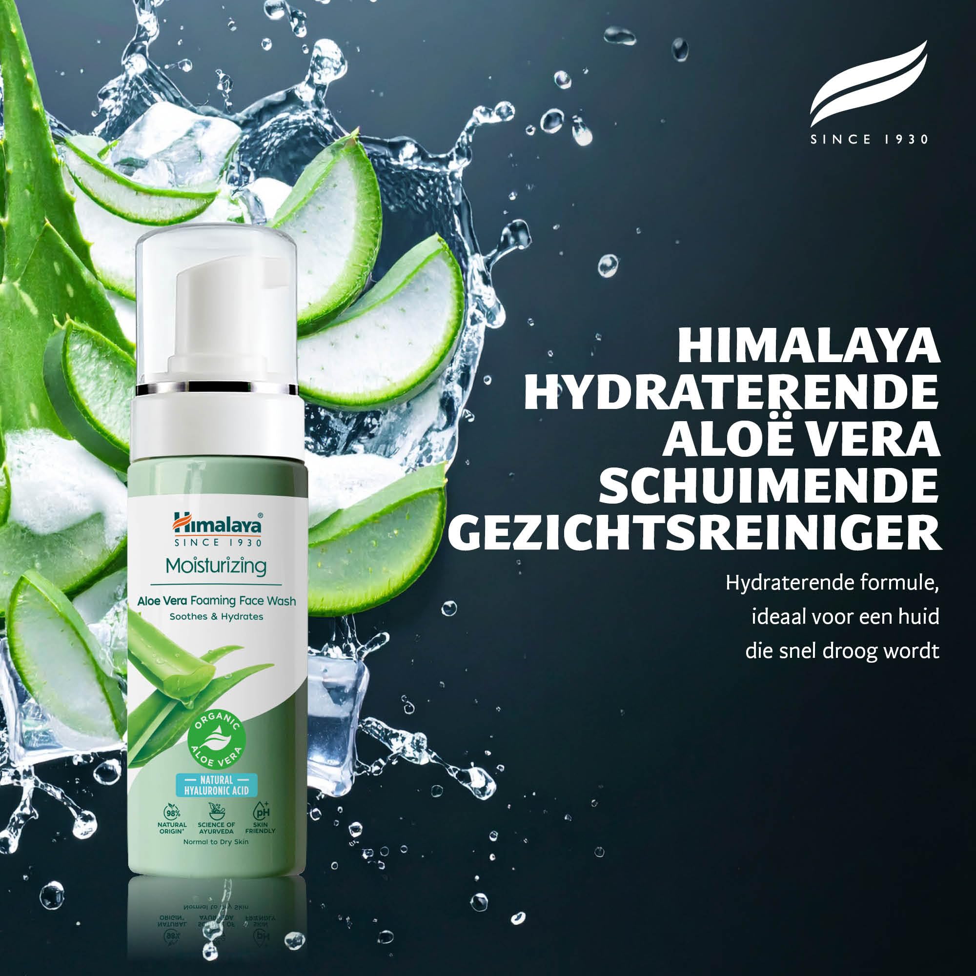 Himalaya Detergente Schiumogeno Idratante con Aloe Vera Biologica e Acido Ialuronico Naturale, per pelle secca e spenta, 98% ingredienti di origine naturale, dermatologicamente testato, 150 ml