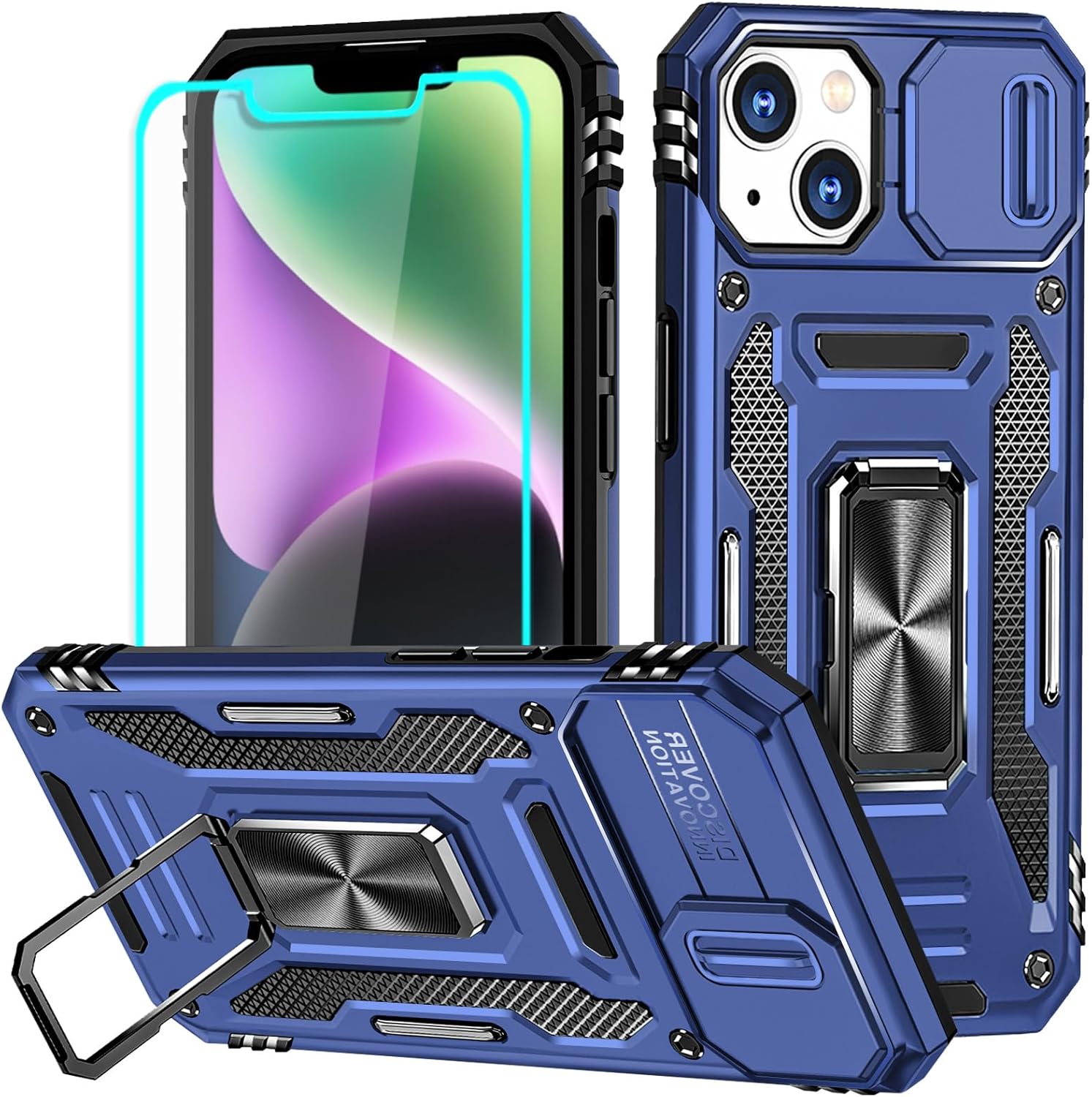 Aozuoton for iPhone 14 Plus Case with Screen Protector and with Camera Cover, 360°Military Grade Rotatable Kickstand (Heavy Duty) Shockproof Protective, Case for iPhone 14 Plus Navy Blue