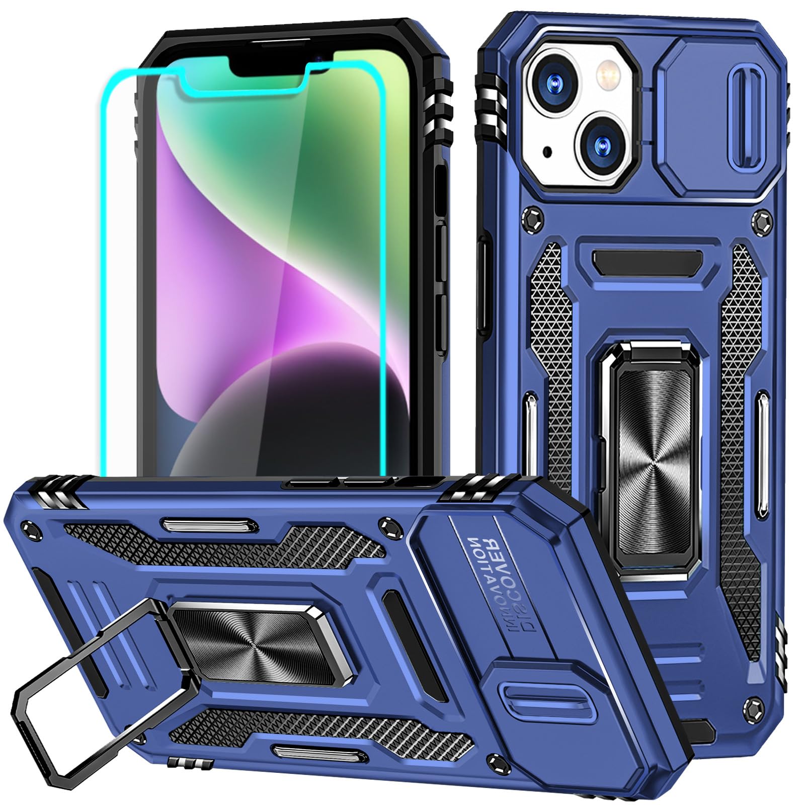 Photo 1 of Aozuoton for iPhone 14 Plus Case with Screen Protector and with Camera Cover, 360°Military Grade Rotatable Kickstand (Heavy Duty) Shockproof Protective, Case for iPhone 14 Plus Navy Blue