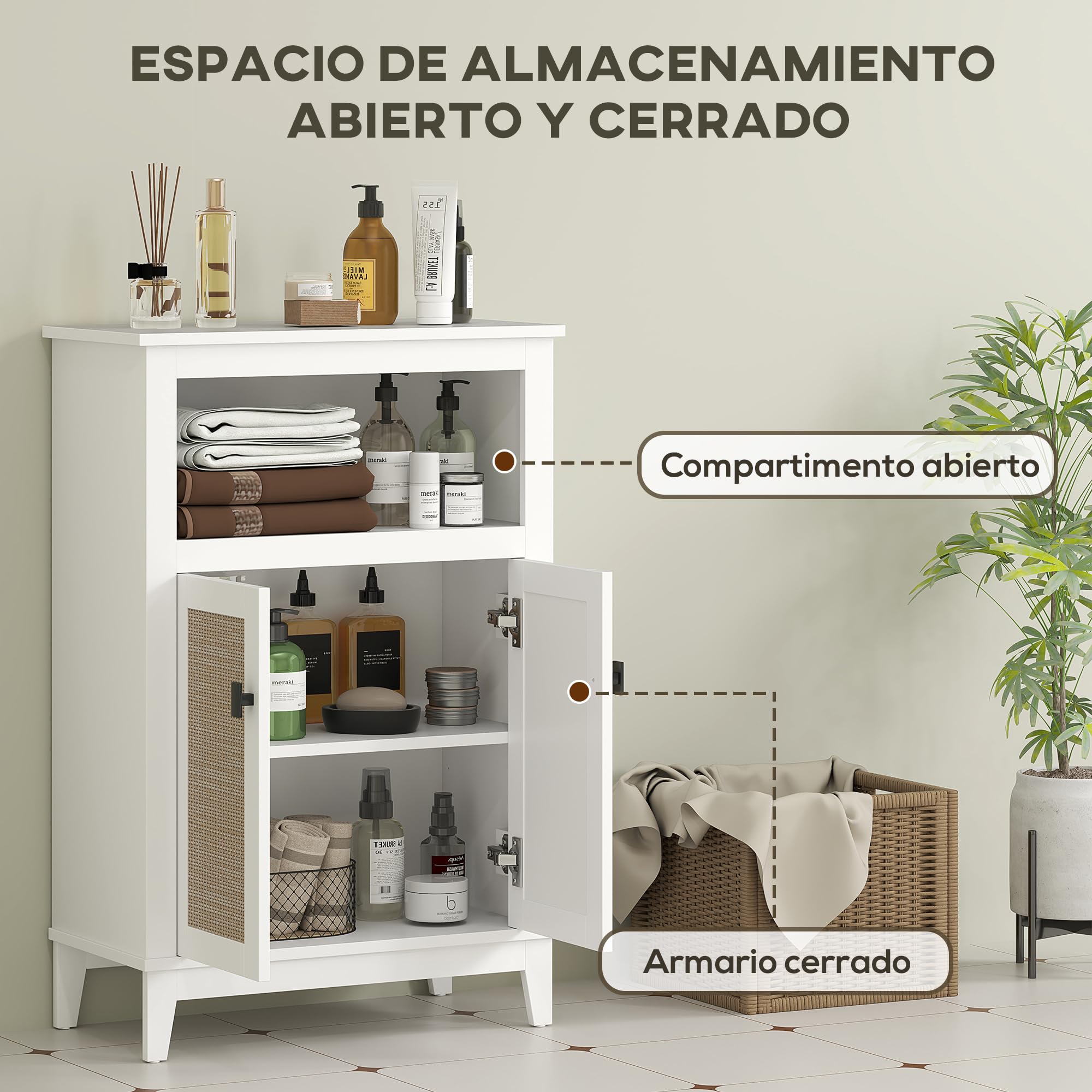 HOMCOM Mueble Auxiliar de Baño con Frontal de Ratán Armario de Baño con 2 Puertas Compartimento Abierto Estante Ajustable 60x30x90 cm Blanco