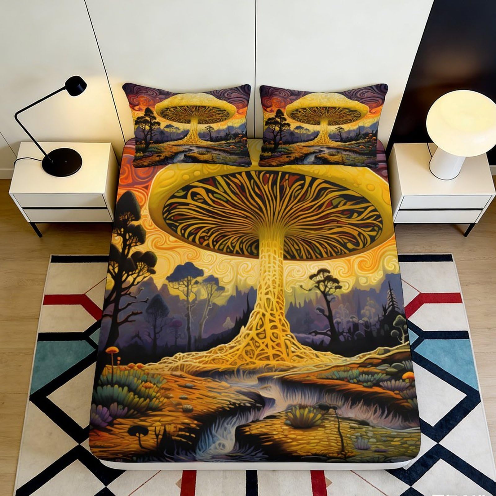 3D Printed Fantasy Tree Fitted Sheet Microfiber Soft Yellow Forest Mattress Cover Bedroom Decor Anti-Slip Washable 90x200x25cm