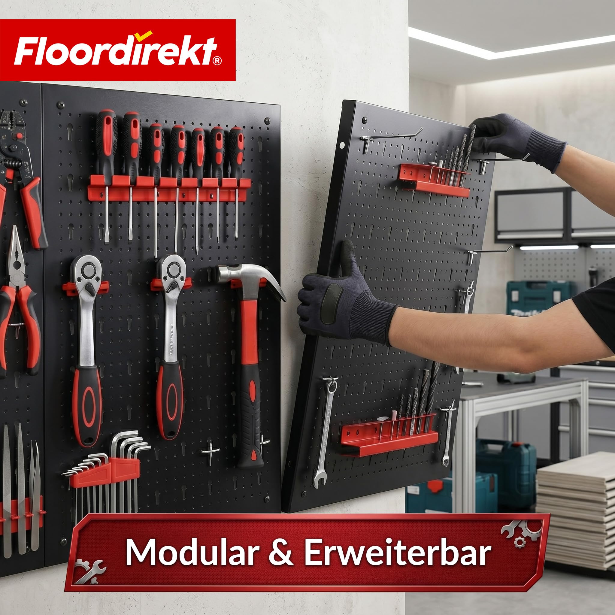 Floordirekt Werkzeug Lochwand aus Metall 160x60 cm Werkzeugwand Lochplatte - 4 Platten Set, für Werkbank, Garage, Werkstatteinrichtung