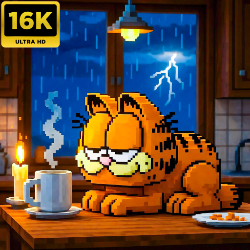 Garfield Sleeping in Rain Block Pixel Craft Relaxing Rain Ambience