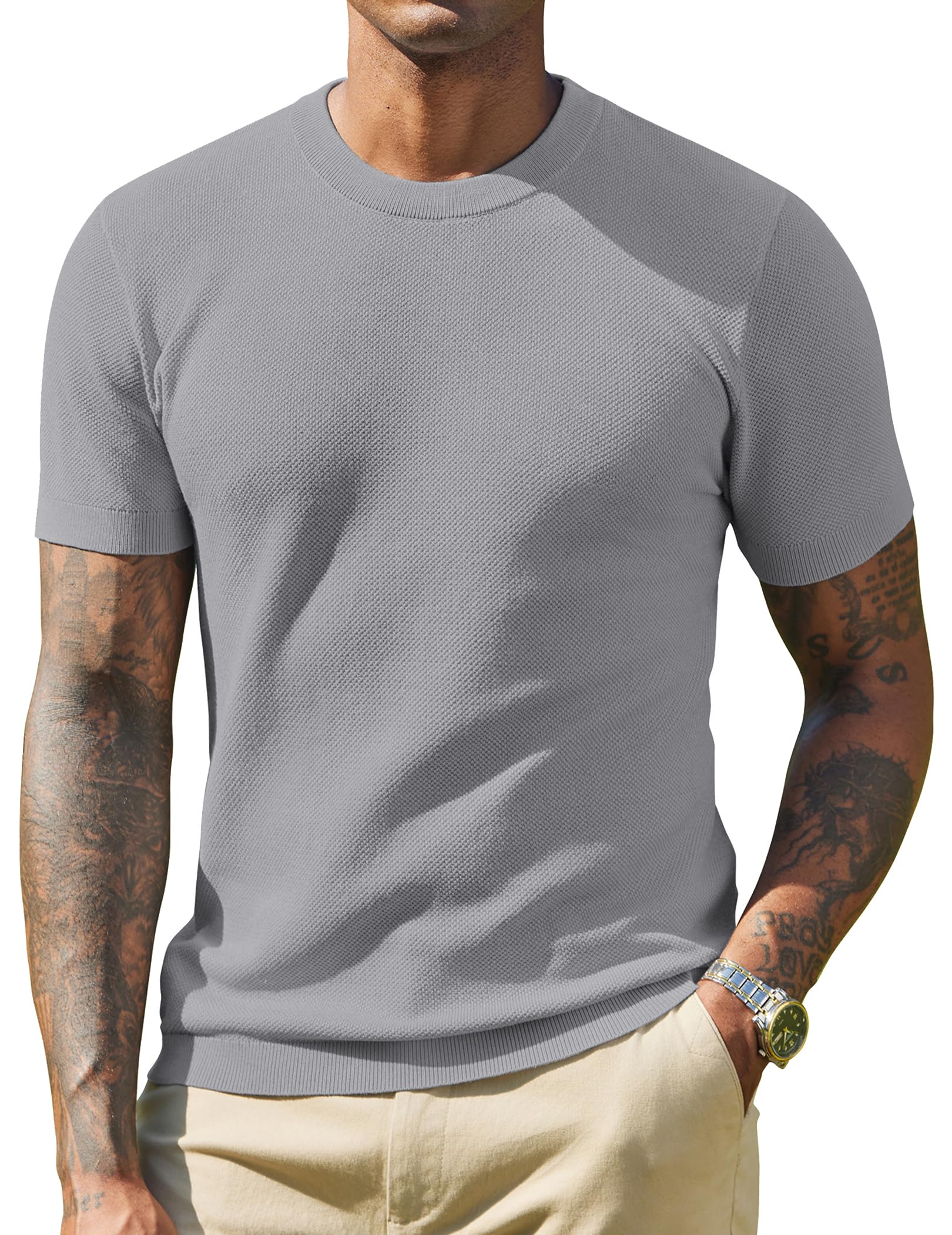 COOFANDY T Shirt Herren Strick T-Shirt Strickshirt Kurzarm | Strick Tshirt Basic T Shirt Sommer Pullover Kurzarm T-Shirt mit Rundhals Oberteile Casual