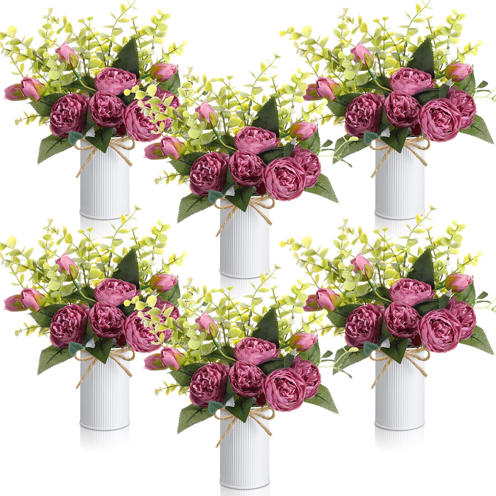 6 Sets künstliche Pfingstrosen, 6 künstliche Pfingstrosen mit Vase, 6 künstliche Eukalyptus, Kunstseide, Pfingstrosen, Blumenstrauß, Frühlingsblumen für Dekoration, Hochzeit, Party, Zuhause,