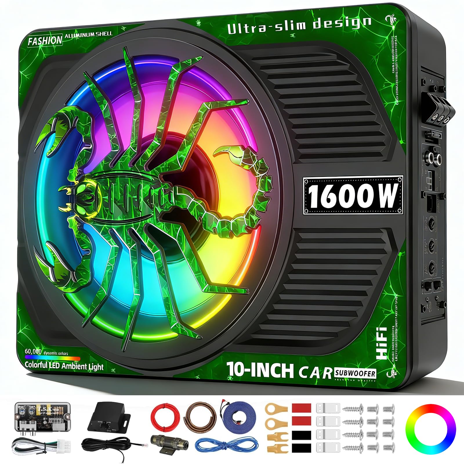 1600W Slim Underseat Car Subwoofer and Amp Package, Powered Under Seat Subwoofer with Built-in Class D Amplifier, Subsonic Deep Bass, DSP Noise Reduction, RGB Beat Light, for Truck SUV Car
