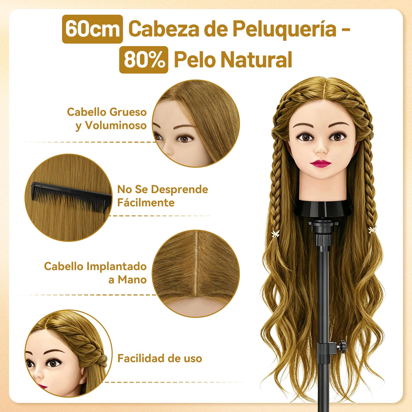 TwoWin 24 inch Cabeza Peluquería, 80% Cabello Humano, 60 cm Cabeza Maniquí